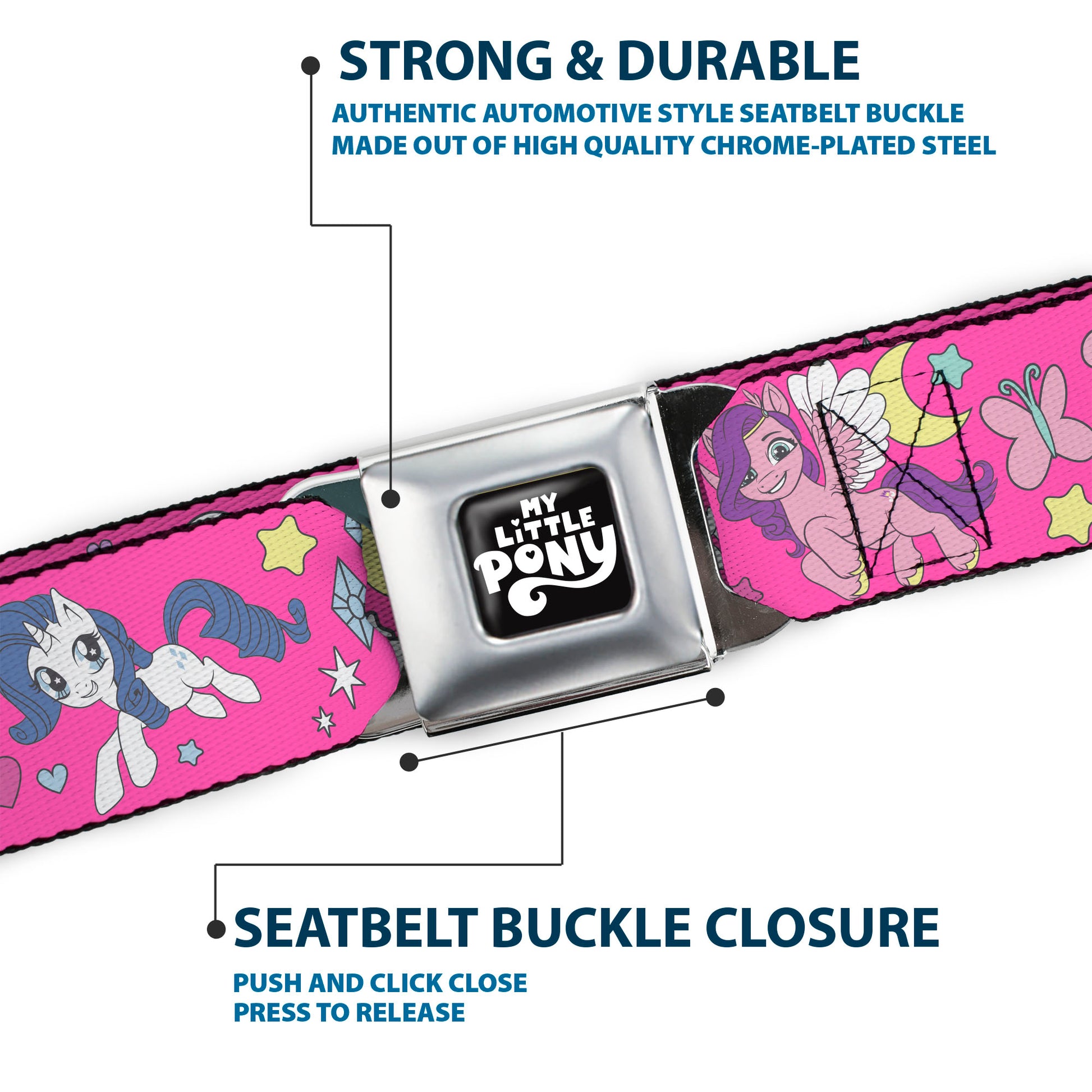 MY LITTLE PONY Title Logo Full Color Black/Purple/White Seatbelt Belt - My Little Pony Four Ponies and Cutie Marks Collage Pink/Multi Color Webbing Seatbelt Belts My Little Pony