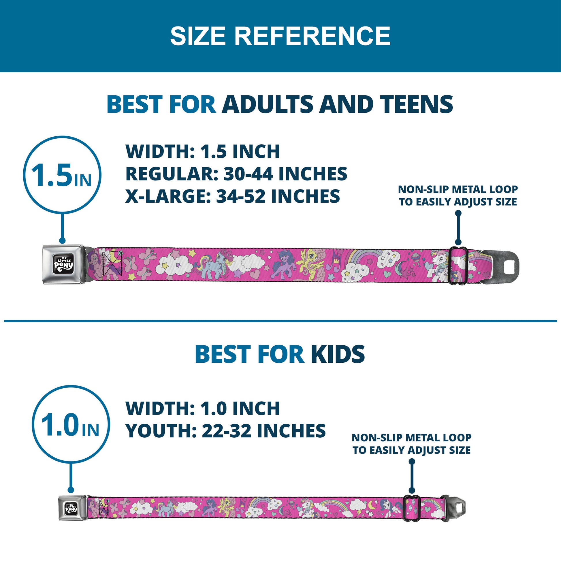 MY LITTLE PONY Title Logo Full Color Black/Purple/White Seatbelt Belt - My Little Pony Four Ponies and Cutie Marks Collage Pink/Multi Color Webbing Seatbelt Belts My Little Pony