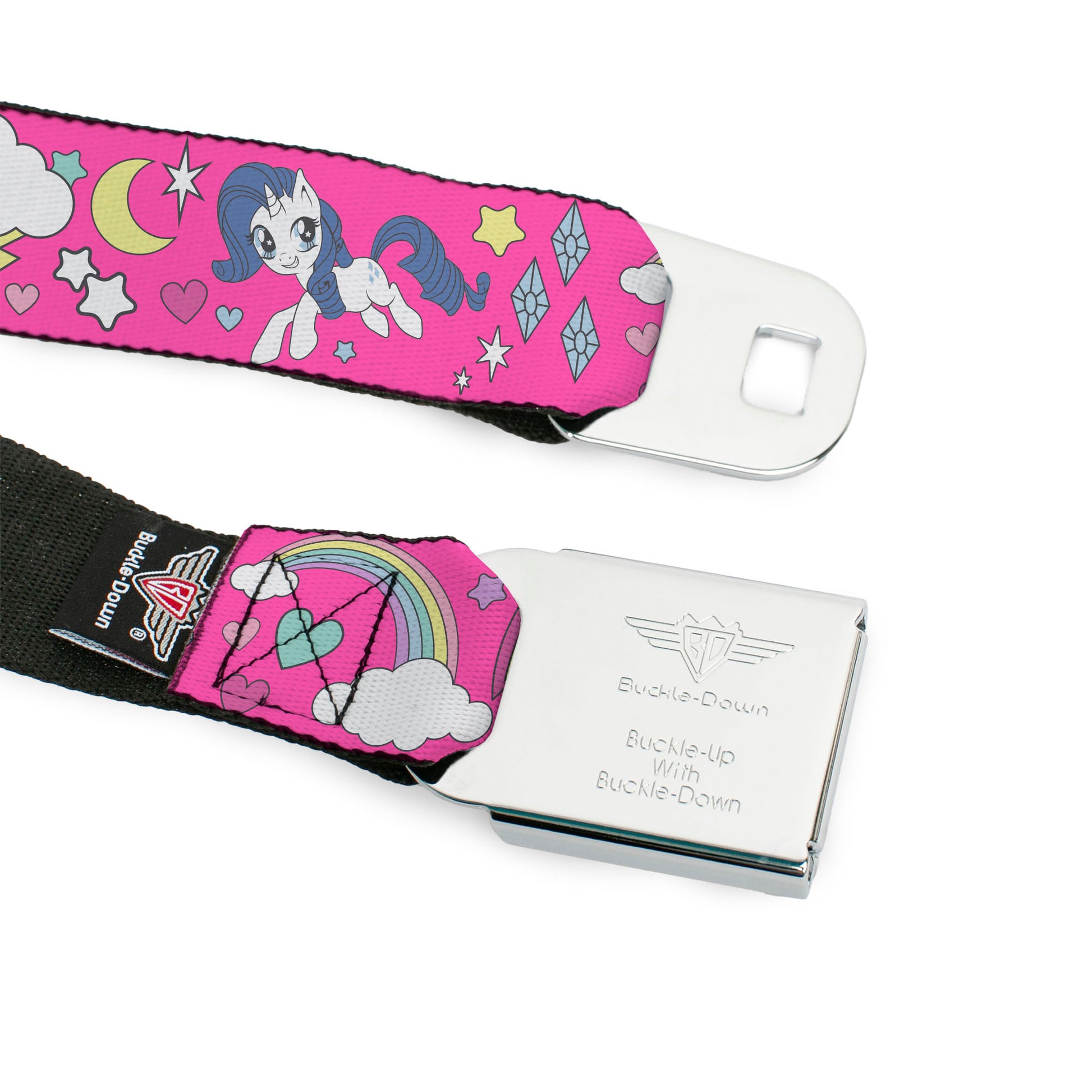 MY LITTLE PONY Title Logo Full Color Black/Purple/White Seatbelt Belt - My Little Pony Four Ponies and Cutie Marks Collage Pink/Multi Color Webbing Seatbelt Belts My Little Pony