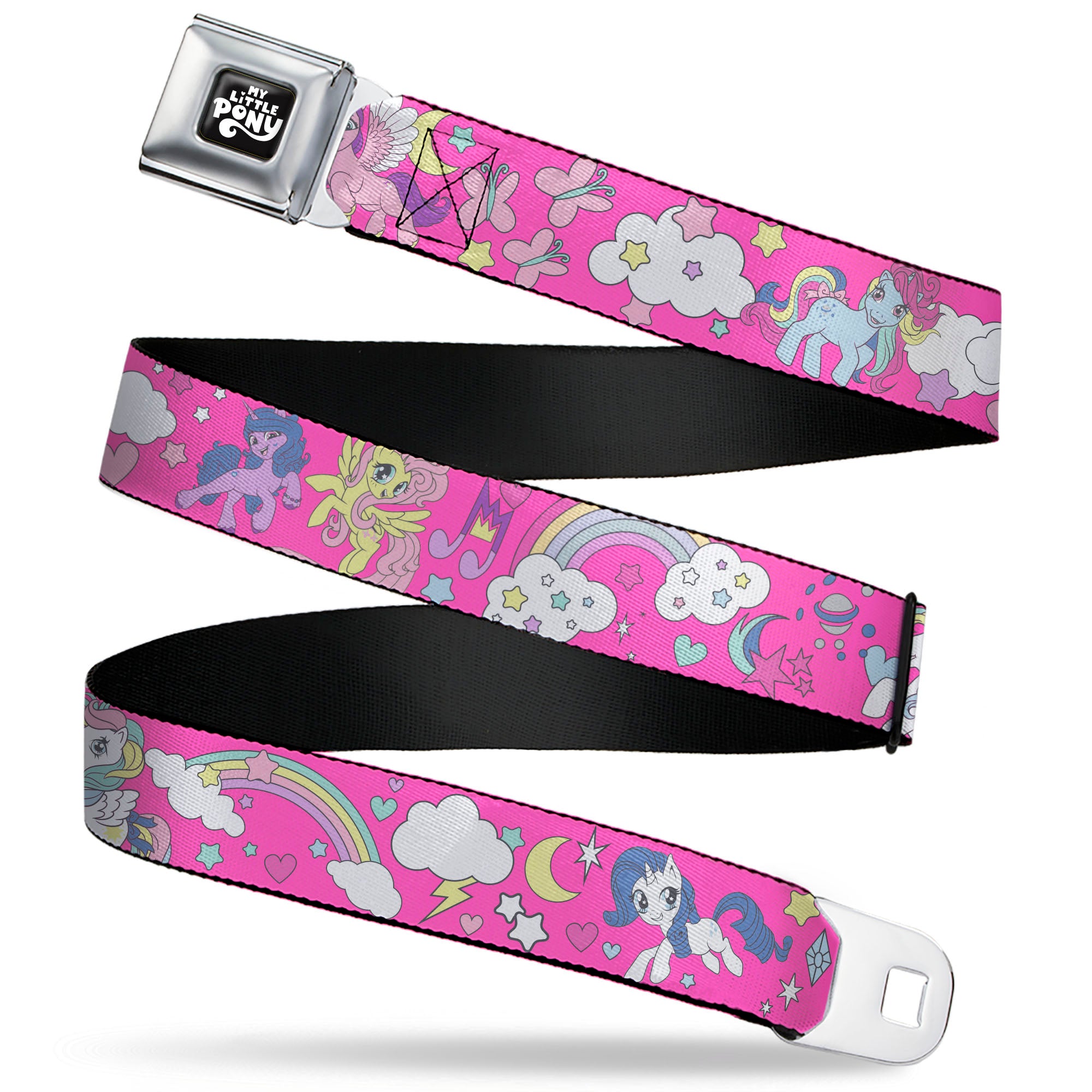 MY LITTLE PONY Title Logo Full Color Black/Purple/White Seatbelt Belt - My Little Pony Four Ponies and Cutie Marks Collage Pink/Multi Color Webbing Seatbelt Belts My Little Pony