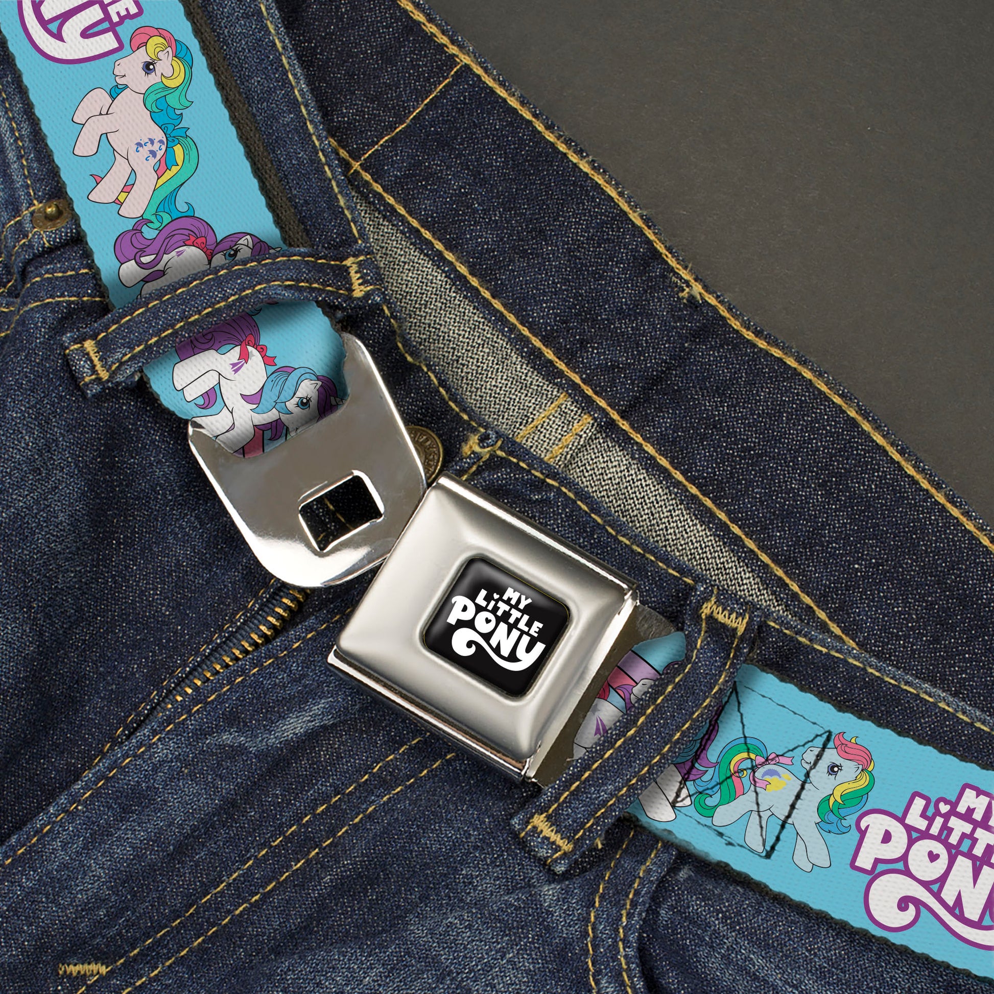 MY LITTLE PONY Title Logo Full Color Black/Purple/White Seatbelt Belt - MY LITTLE PONY Three Pony Rainbow Poses and Title Logo Blue/Multi Color Webbing Seatbelt Belts My Little Pony