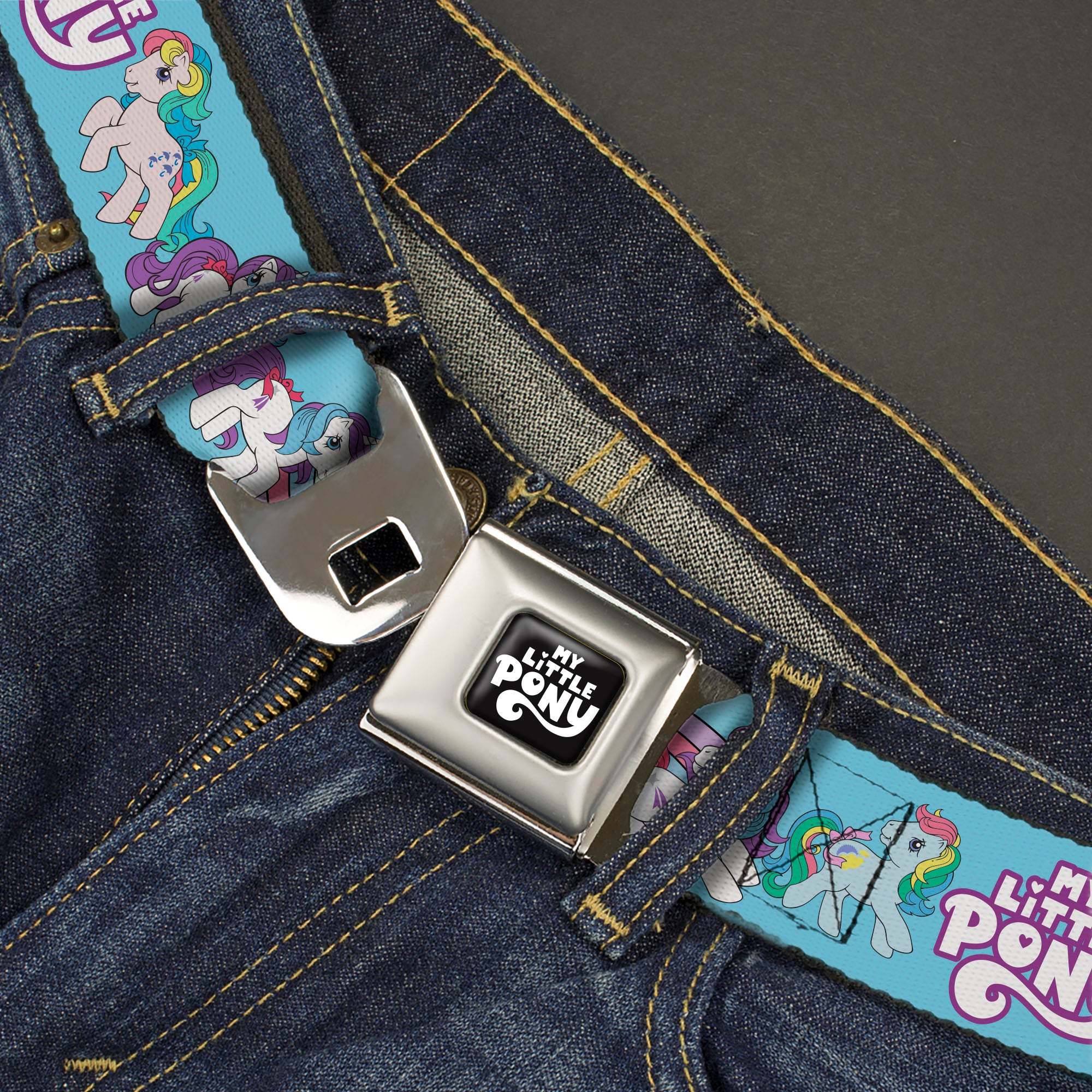 MY LITTLE PONY Title Logo Full Color Black/Purple/White Seatbelt Belt - MY LITTLE PONY Three Pony Rainbow Poses and Title Logo Blue/Multi Color Webbing Seatbelt Belts My Little Pony