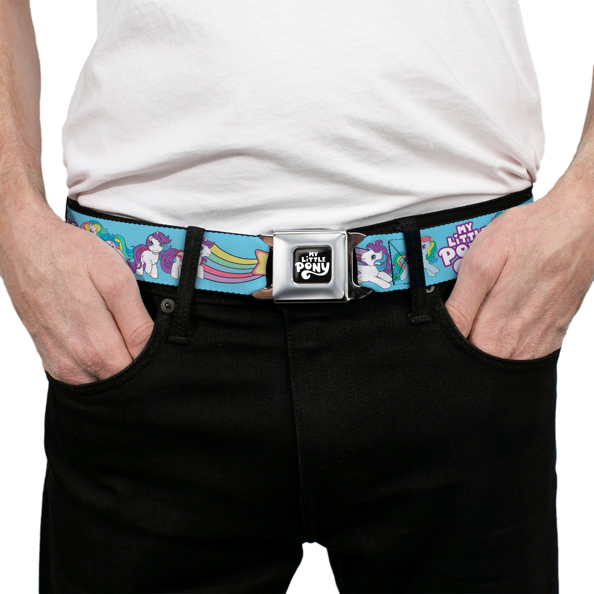 MY LITTLE PONY Title Logo Full Color Black/Purple/White Seatbelt Belt - MY LITTLE PONY Three Pony Rainbow Poses and Title Logo Blue/Multi Color Webbing Seatbelt Belts My Little Pony