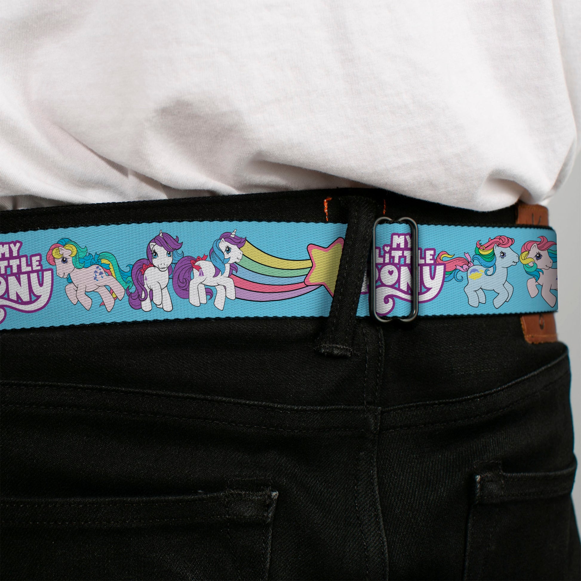 MY LITTLE PONY Title Logo Full Color Black/Purple/White Seatbelt Belt - MY LITTLE PONY Three Pony Rainbow Poses and Title Logo Blue/Multi Color Webbing Seatbelt Belts My Little Pony