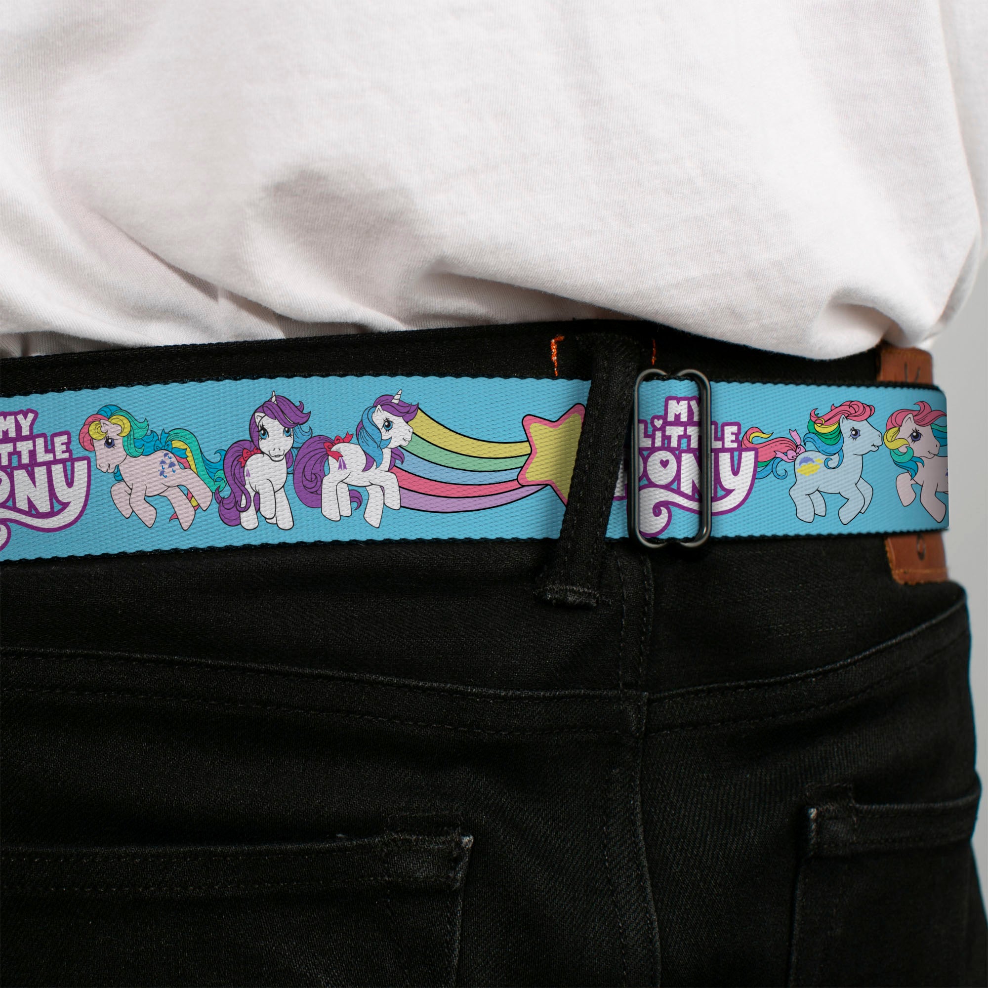 MY LITTLE PONY Title Logo Full Color Black/Purple/White Seatbelt Belt - MY LITTLE PONY Three Pony Rainbow Poses and Title Logo Blue/Multi Color Webbing Seatbelt Belts My Little Pony