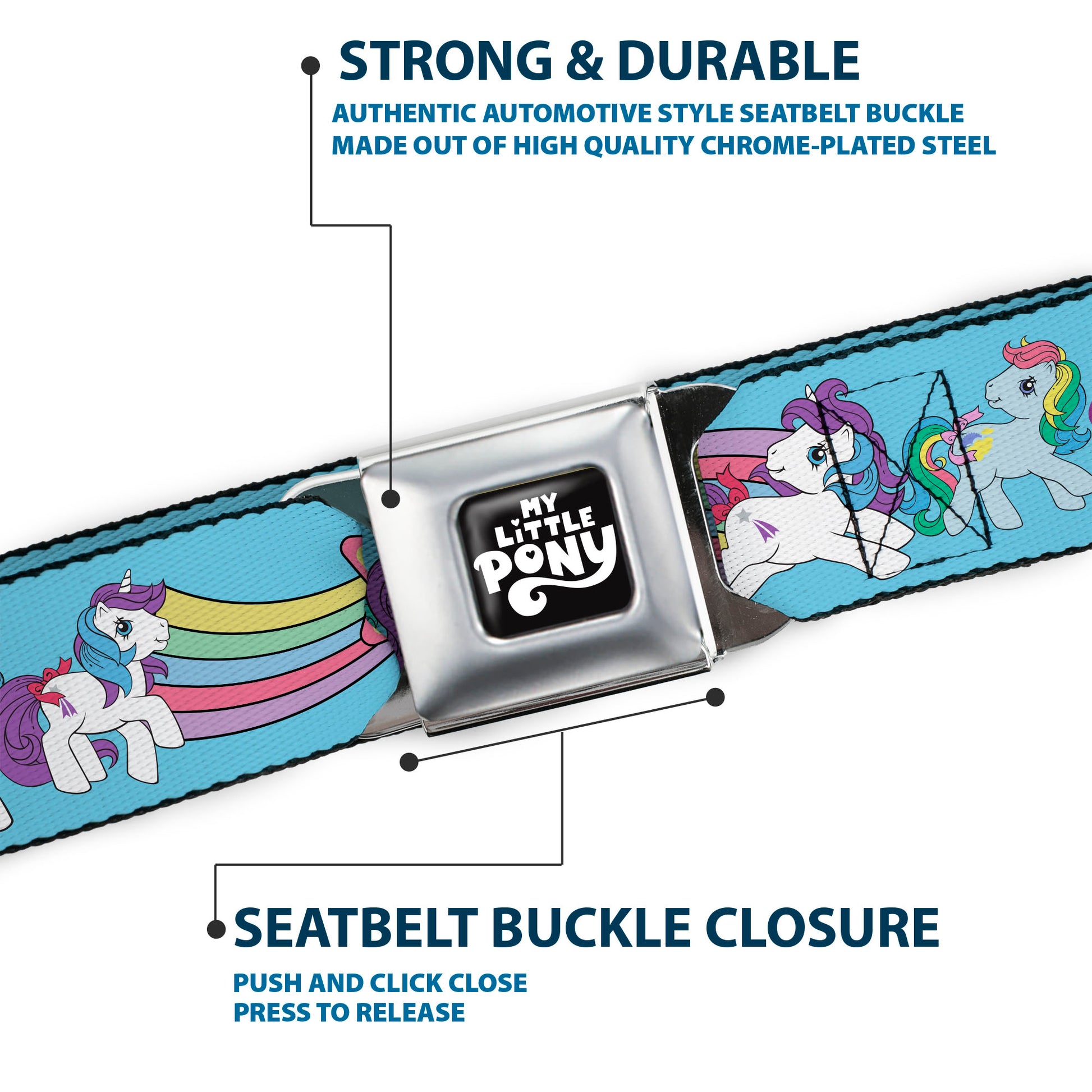 MY LITTLE PONY Title Logo Full Color Black/Purple/White Seatbelt Belt - MY LITTLE PONY Three Pony Rainbow Poses and Title Logo Blue/Multi Color Webbing Seatbelt Belts My Little Pony