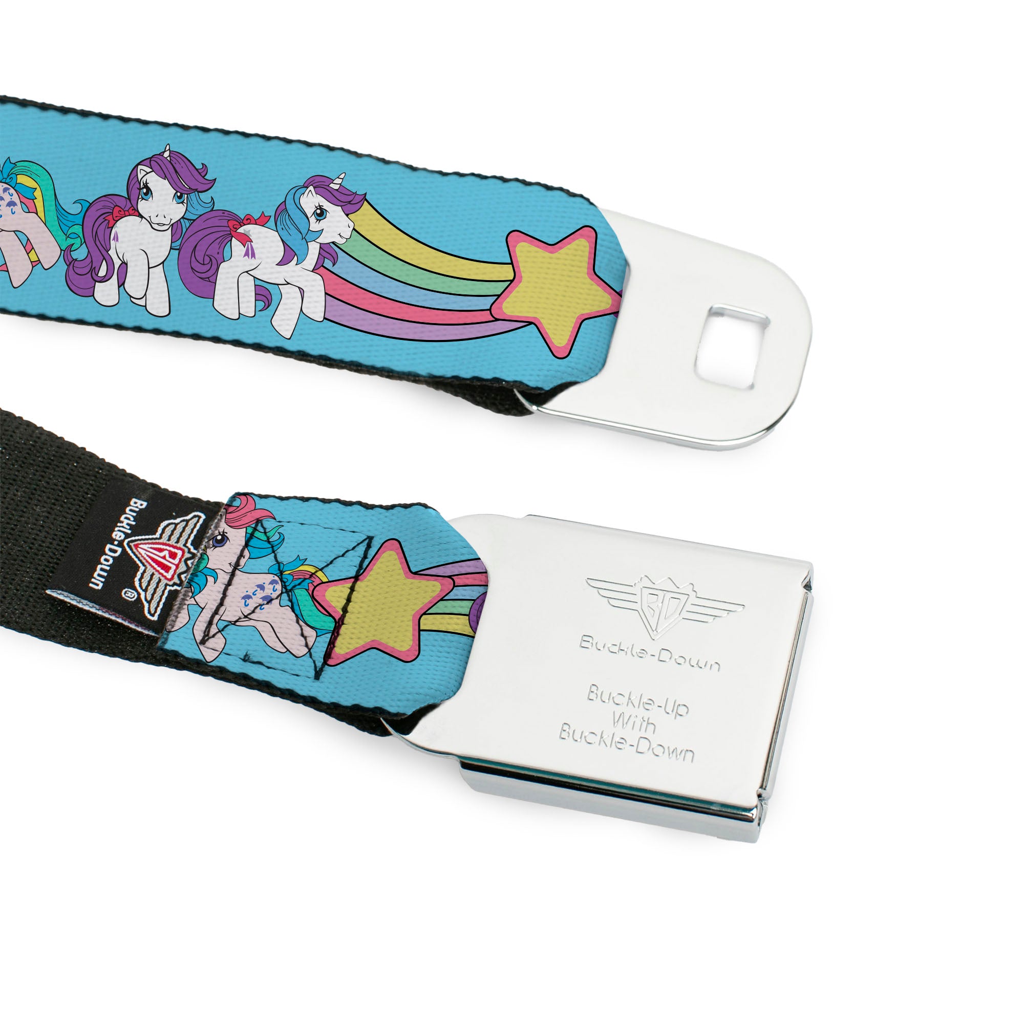 MY LITTLE PONY Title Logo Full Color Black/Purple/White Seatbelt Belt - MY LITTLE PONY Three Pony Rainbow Poses and Title Logo Blue/Multi Color Webbing Seatbelt Belts My Little Pony