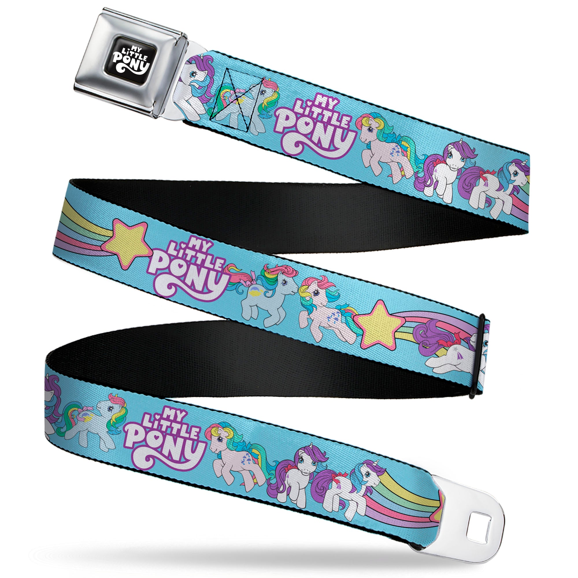 MY LITTLE PONY Title Logo Full Color Black/Purple/White Seatbelt Belt - MY LITTLE PONY Three Pony Rainbow Poses and Title Logo Blue/Multi Color Webbing Seatbelt Belts My Little Pony