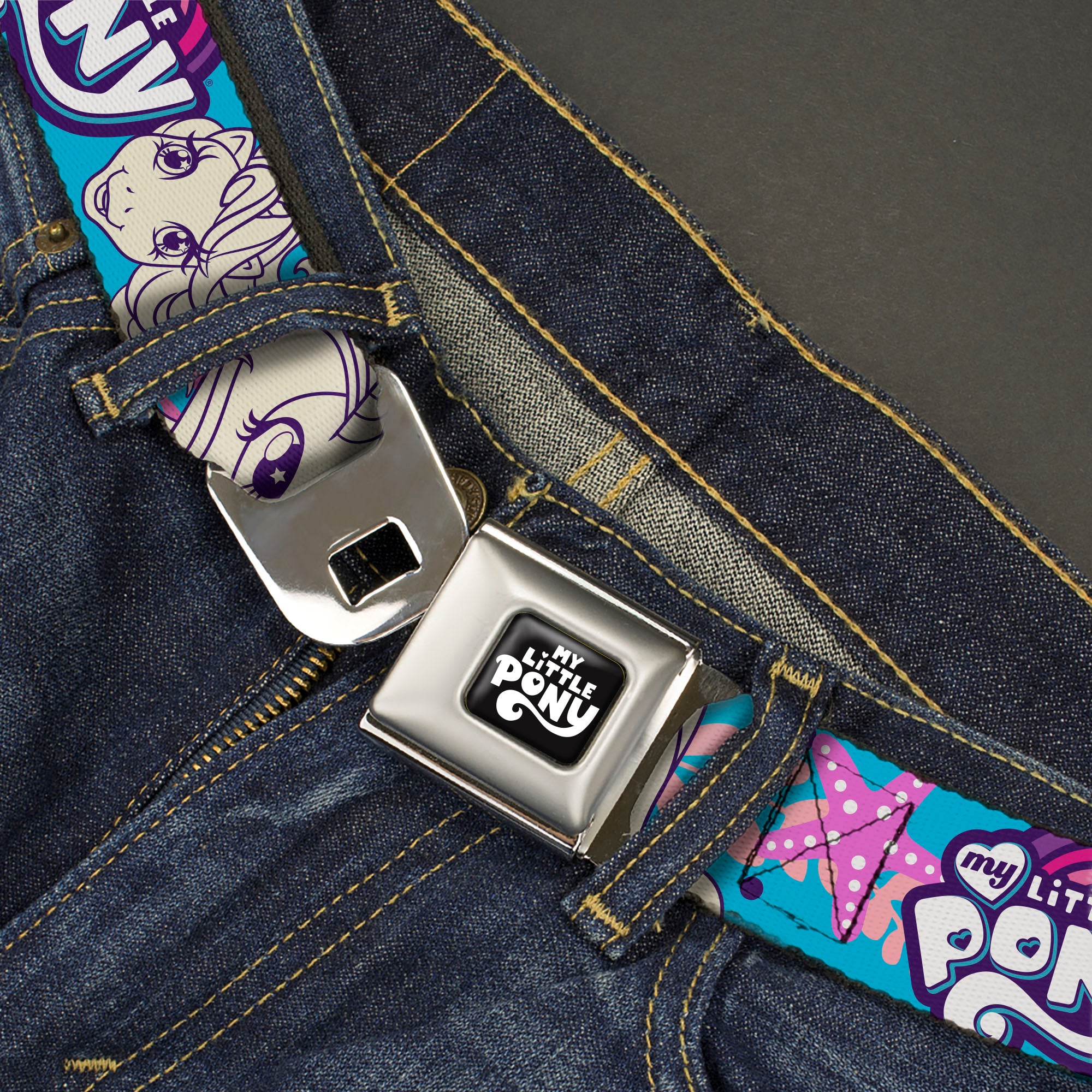 MY LITTLE PONY Title Logo Full Color Black/Purple/White Seatbelt Belt - MY LITTLE PONY Pony Faces Flowers and Title Logo Blue/Pinks/White Webbing Seatbelt Belts My Little Pony