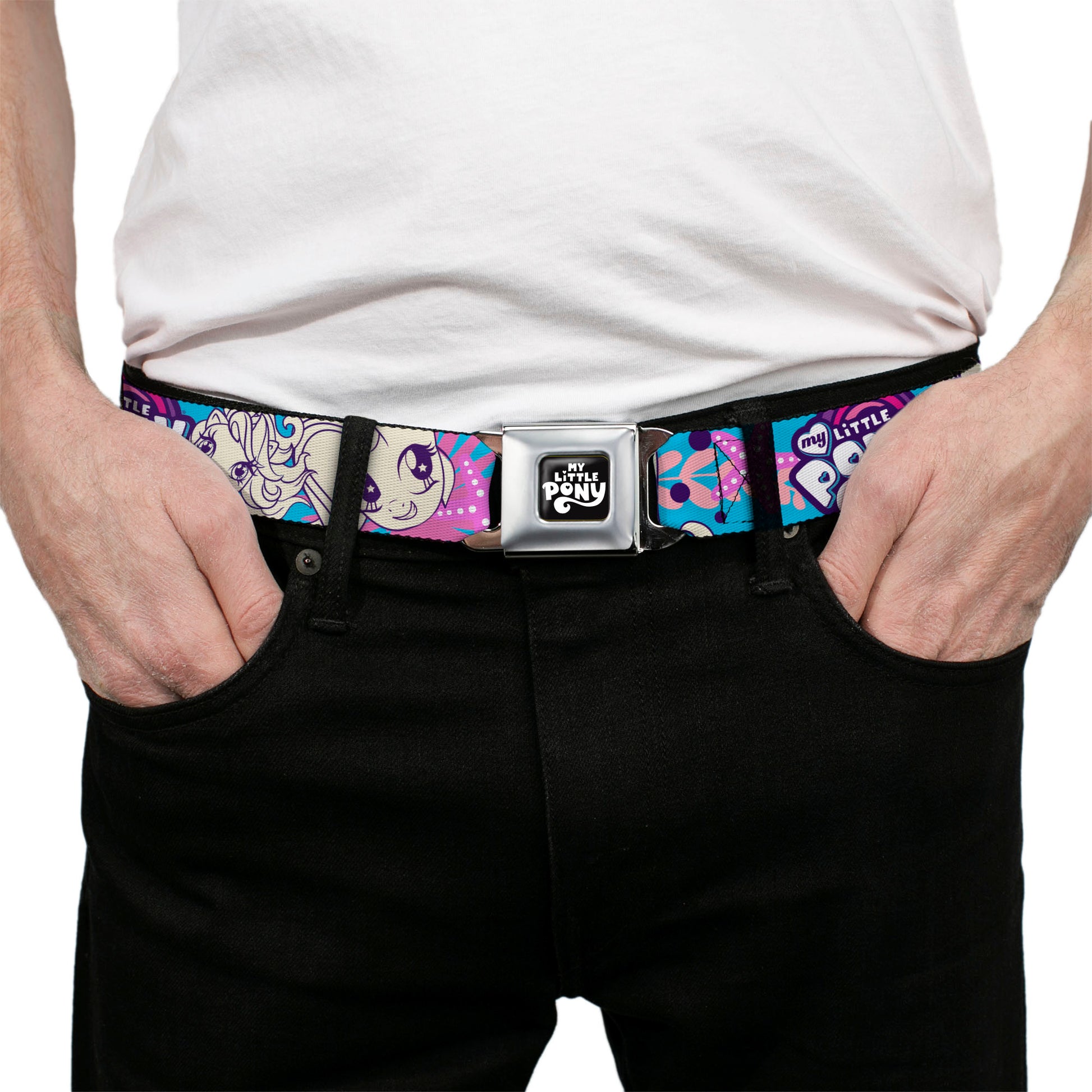 MY LITTLE PONY Title Logo Full Color Black/Purple/White Seatbelt Belt - MY LITTLE PONY Pony Faces Flowers and Title Logo Blue/Pinks/White Webbing Seatbelt Belts My Little Pony