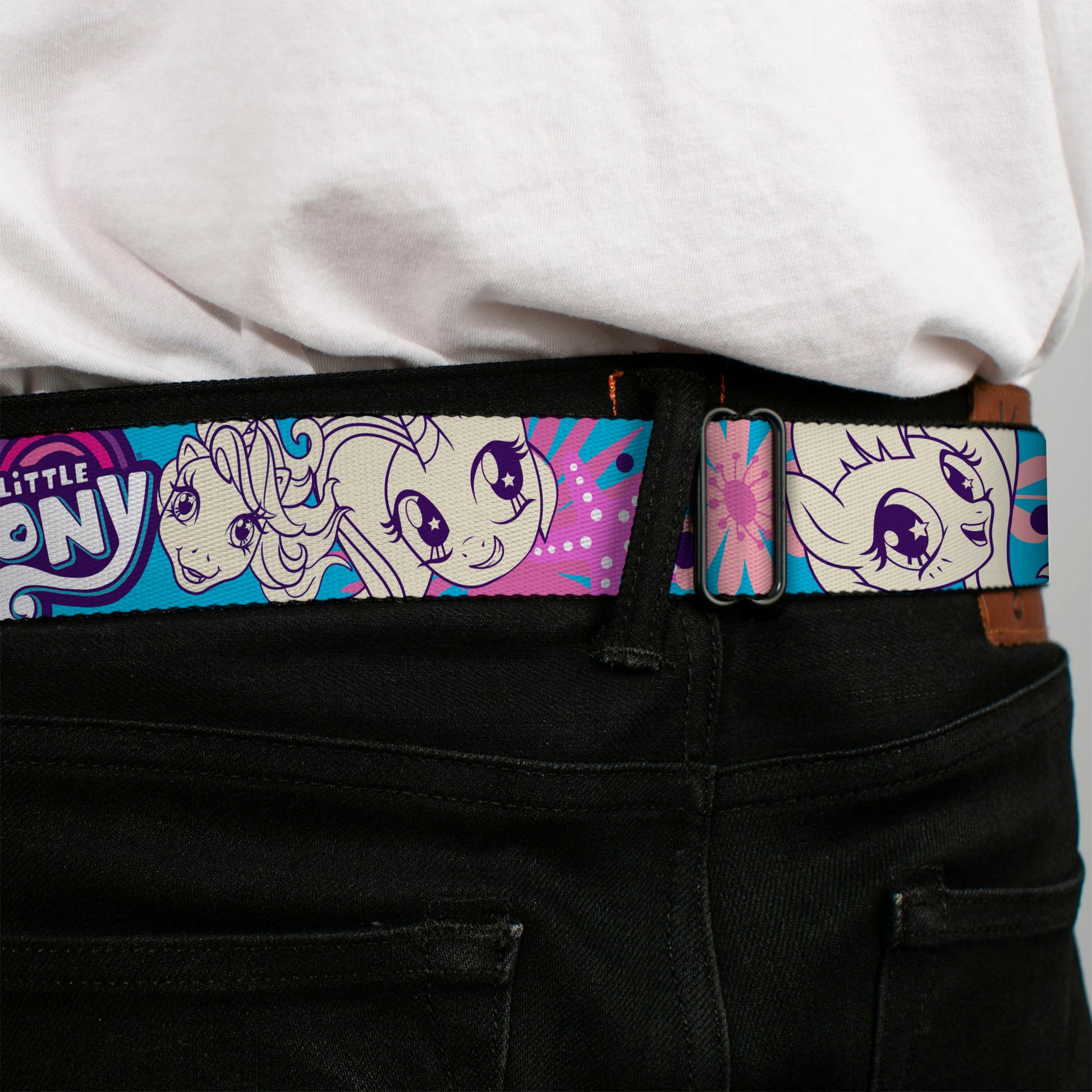 MY LITTLE PONY Title Logo Full Color Black/Purple/White Seatbelt Belt - MY LITTLE PONY Pony Faces Flowers and Title Logo Blue/Pinks/White Webbing Seatbelt Belts My Little Pony