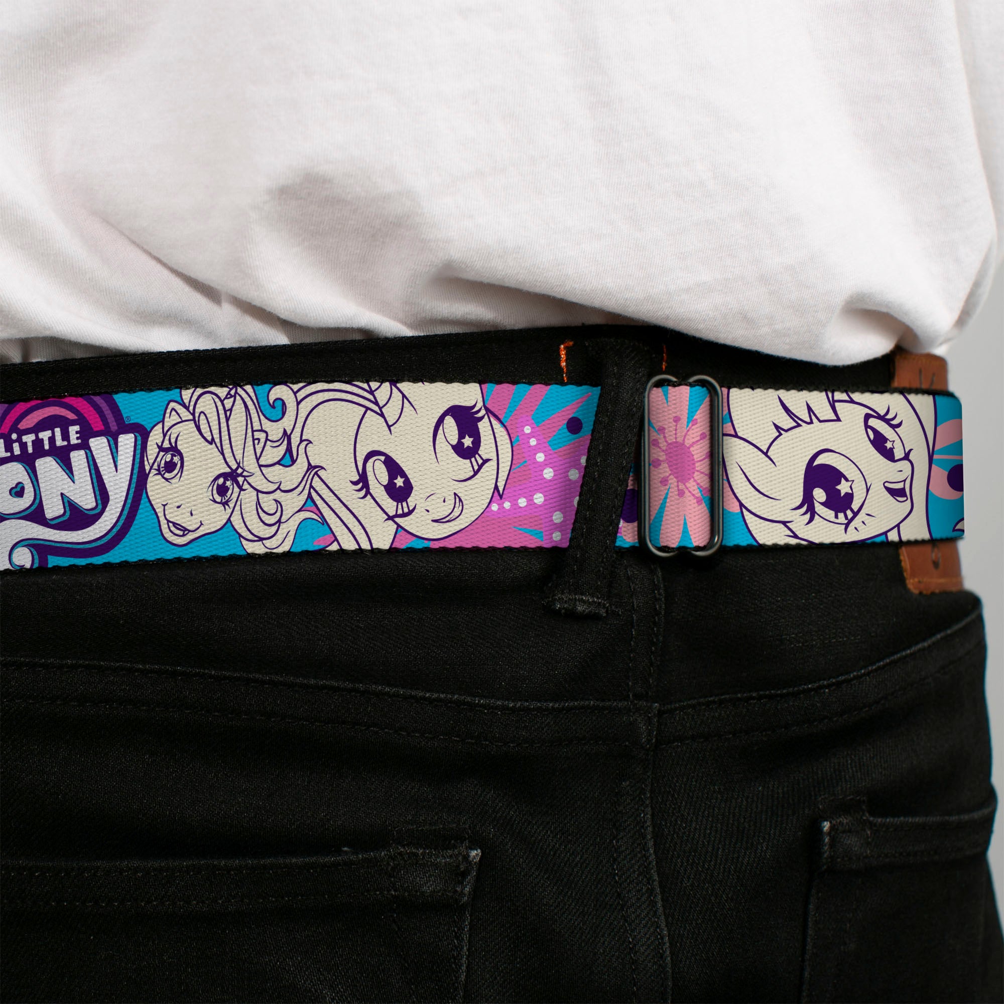 MY LITTLE PONY Title Logo Full Color Black/Purple/White Seatbelt Belt - MY LITTLE PONY Pony Faces Flowers and Title Logo Blue/Pinks/White Webbing Seatbelt Belts My Little Pony