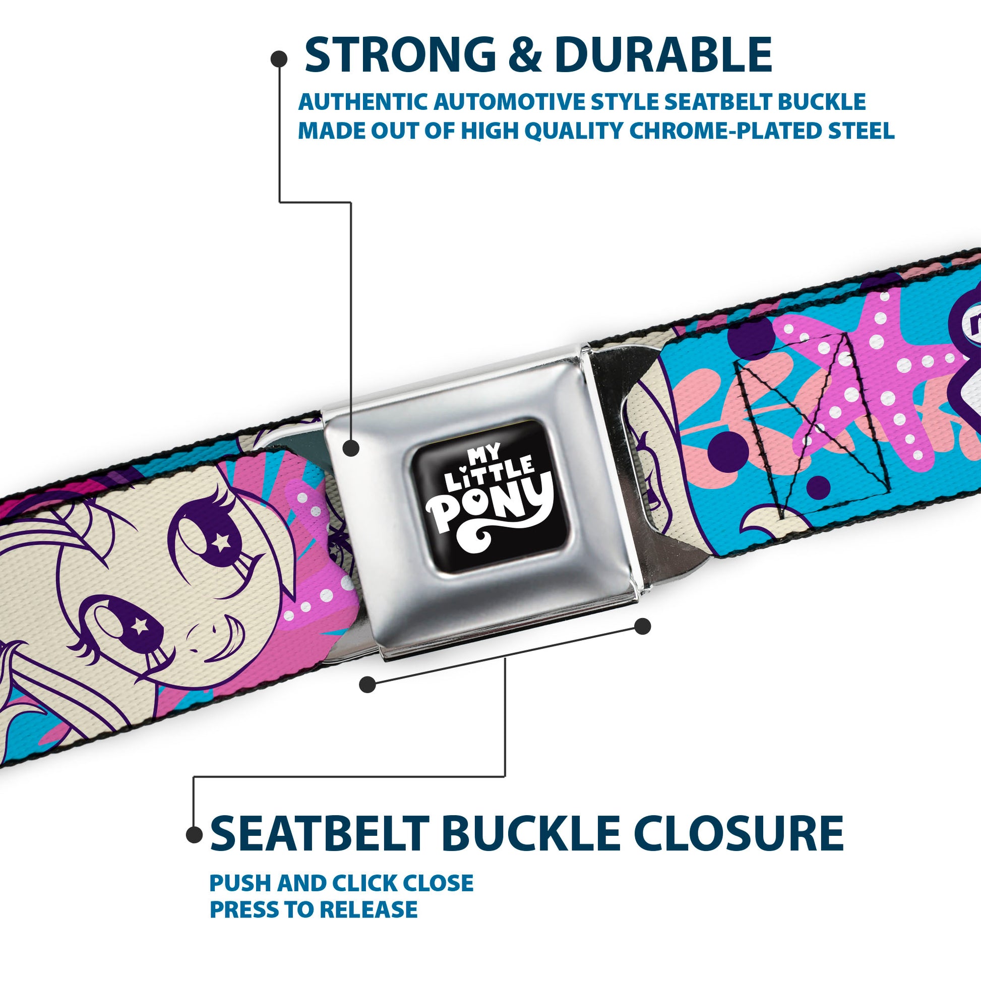 MY LITTLE PONY Title Logo Full Color Black/Purple/White Seatbelt Belt - MY LITTLE PONY Pony Faces Flowers and Title Logo Blue/Pinks/White Webbing Seatbelt Belts My Little Pony
