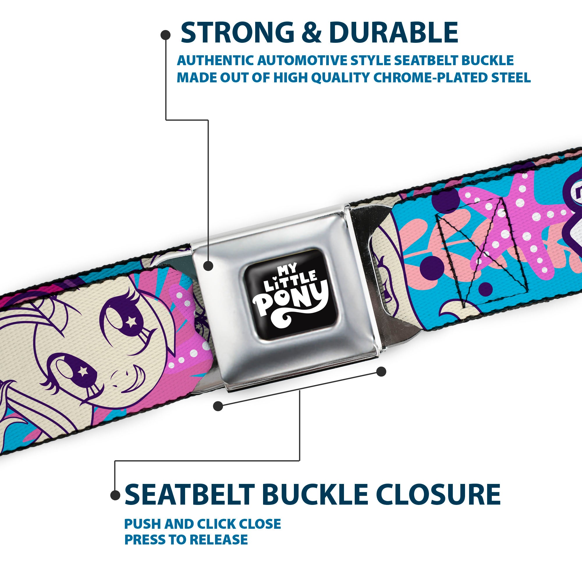 MY LITTLE PONY Title Logo Full Color Black/Purple/White Seatbelt Belt - MY LITTLE PONY Pony Faces Flowers and Title Logo Blue/Pinks/White Webbing Seatbelt Belts My Little Pony