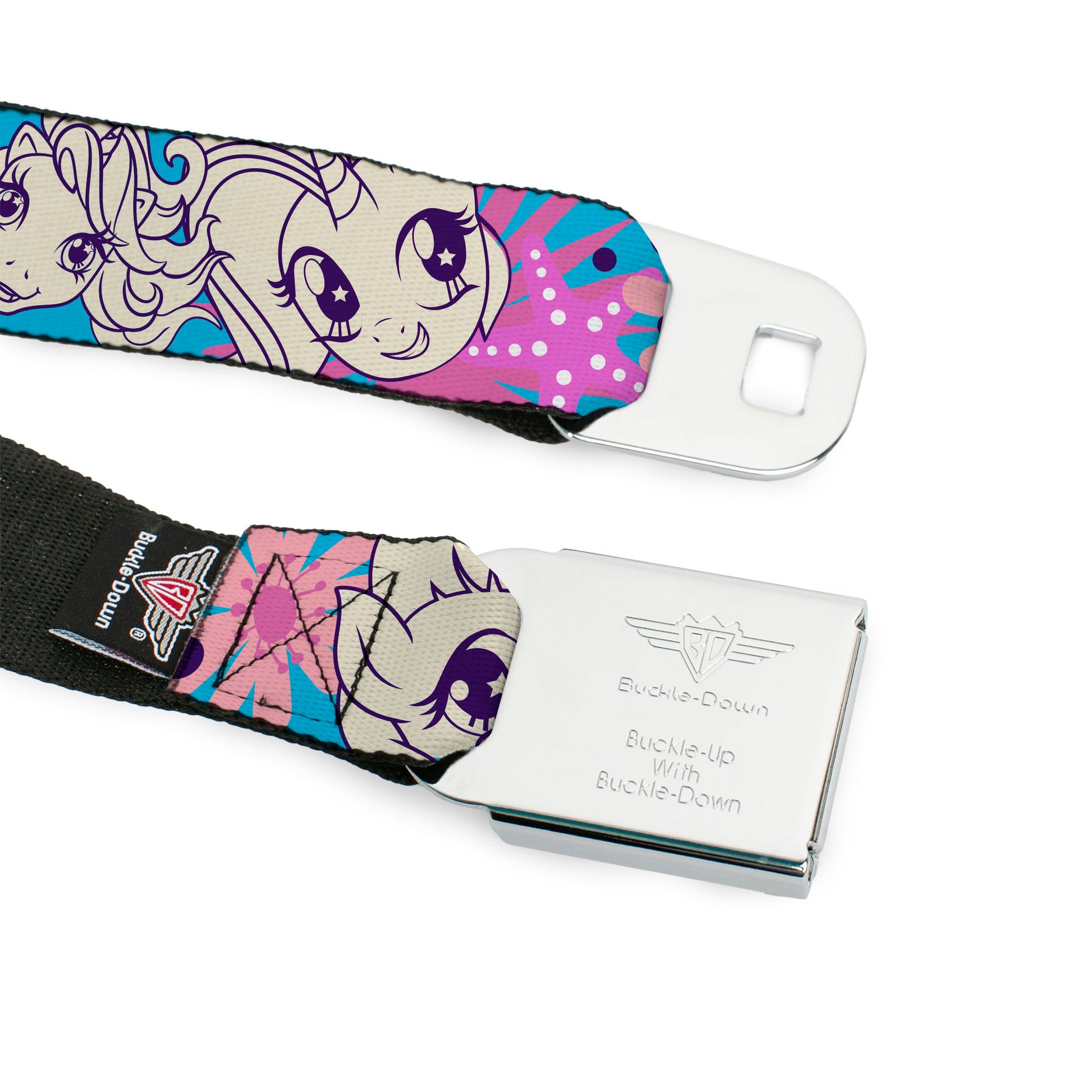 MY LITTLE PONY Title Logo Full Color Black/Purple/White Seatbelt Belt - MY LITTLE PONY Pony Faces Flowers and Title Logo Blue/Pinks/White Webbing Seatbelt Belts My Little Pony