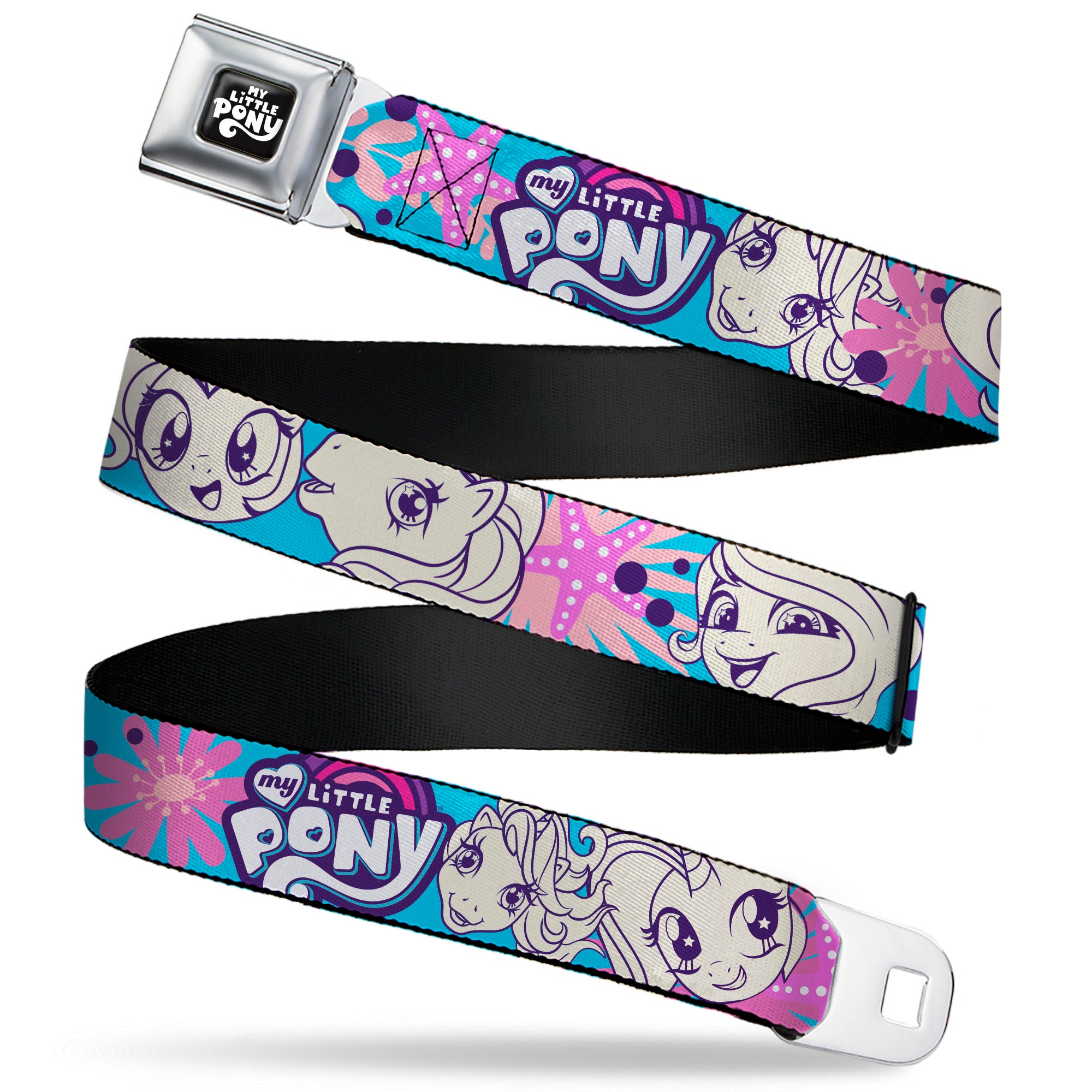MY LITTLE PONY Title Logo Full Color Black/Purple/White Seatbelt Belt - MY LITTLE PONY Pony Faces Flowers and Title Logo Blue/Pinks/White Webbing Seatbelt Belts My Little Pony