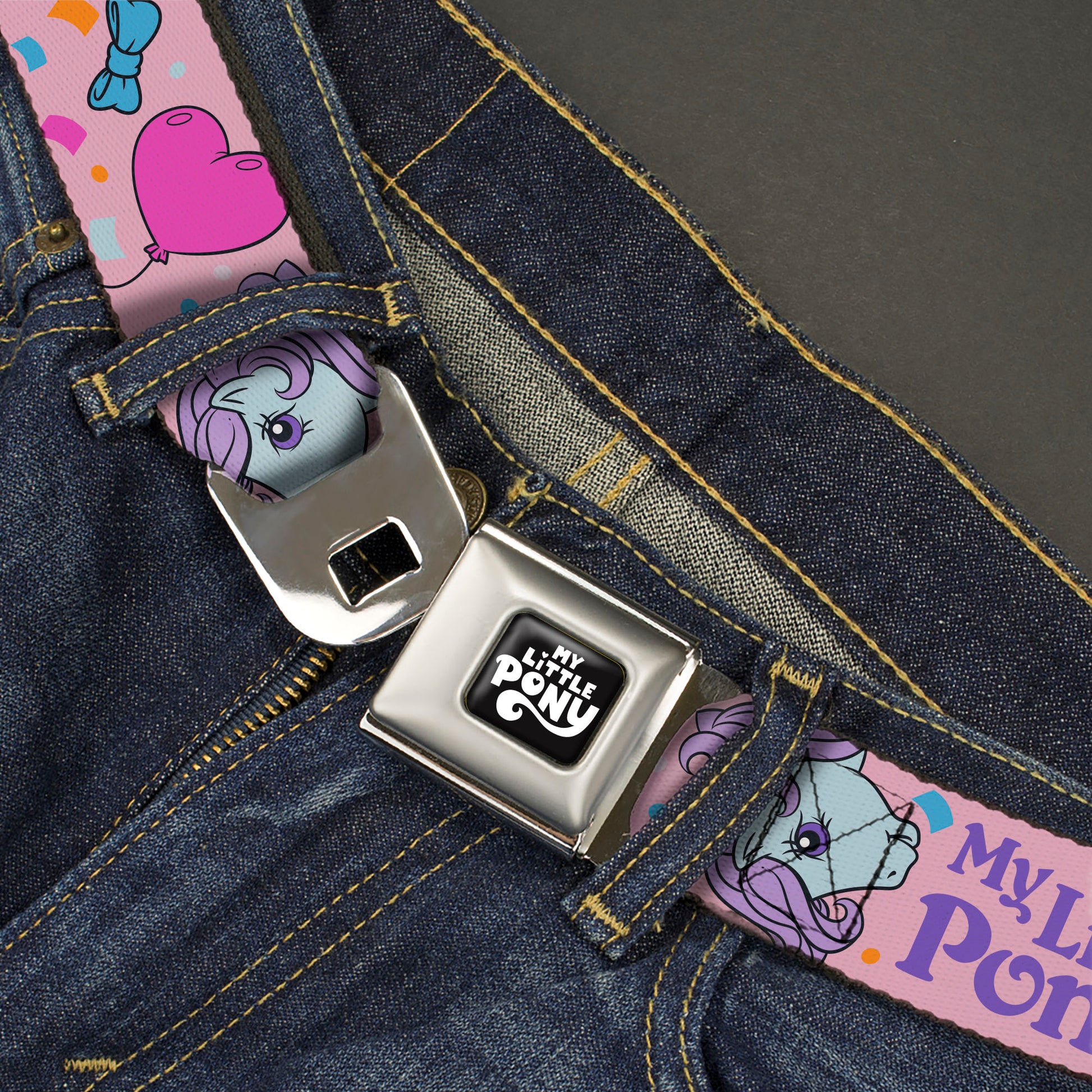 MY LITTLE PONY Title Logo Full Color Black/Purple/White Seatbelt Belt - MY LITTLE PONY Three Pony Confetti Party and Title Logo Pink/Multi Color Webbing Seatbelt Belts My Little Pony