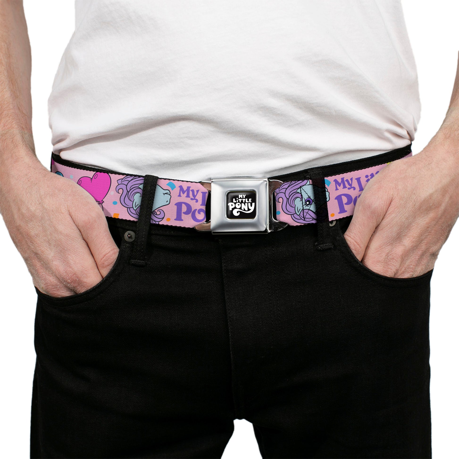 MY LITTLE PONY Title Logo Full Color Black/Purple/White Seatbelt Belt - MY LITTLE PONY Three Pony Confetti Party and Title Logo Pink/Multi Color Webbing Seatbelt Belts My Little Pony