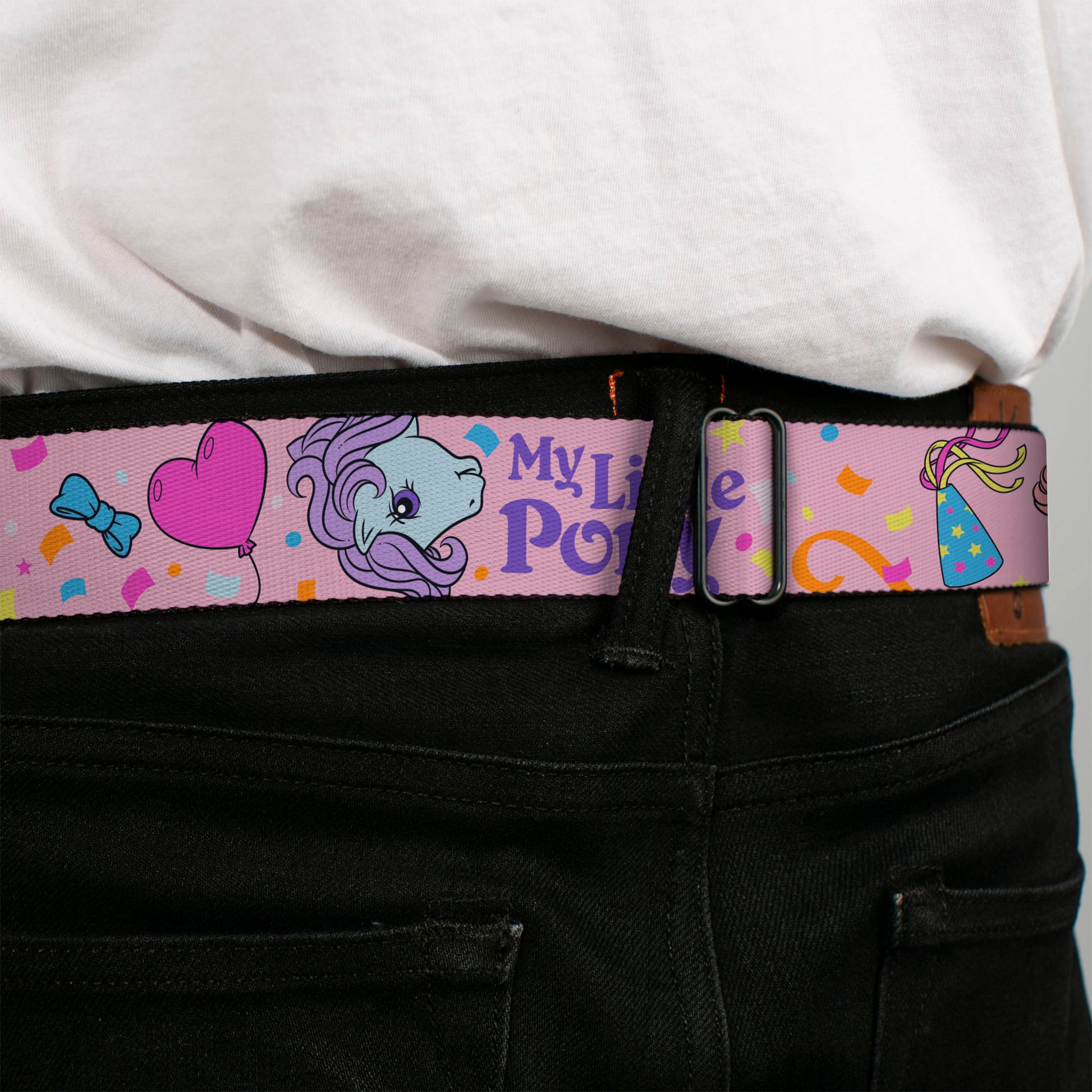 MY LITTLE PONY Title Logo Full Color Black/Purple/White Seatbelt Belt - MY LITTLE PONY Three Pony Confetti Party and Title Logo Pink/Multi Color Webbing Seatbelt Belts My Little Pony