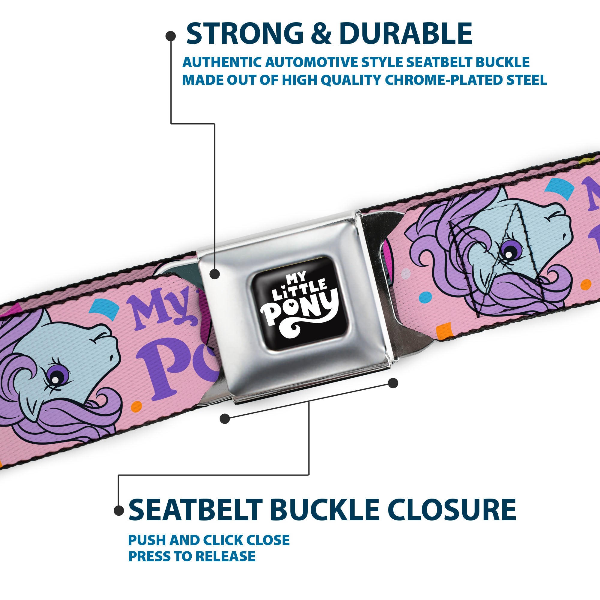 MY LITTLE PONY Title Logo Full Color Black/Purple/White Seatbelt Belt - MY LITTLE PONY Three Pony Confetti Party and Title Logo Pink/Multi Color Webbing Seatbelt Belts My Little Pony