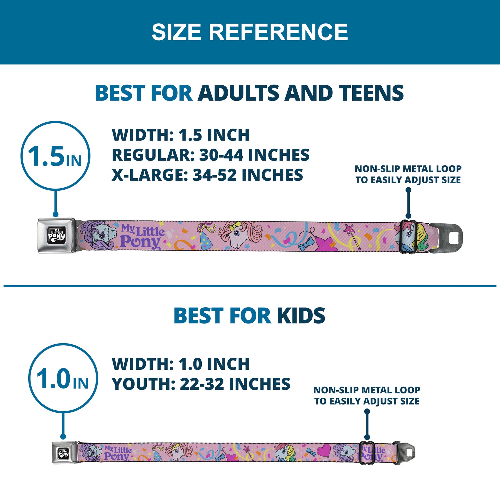 MY LITTLE PONY Title Logo Full Color Black/Purple/White Seatbelt Belt - MY LITTLE PONY Three Pony Confetti Party and Title Logo Pink/Multi Color Webbing Seatbelt Belts My Little Pony