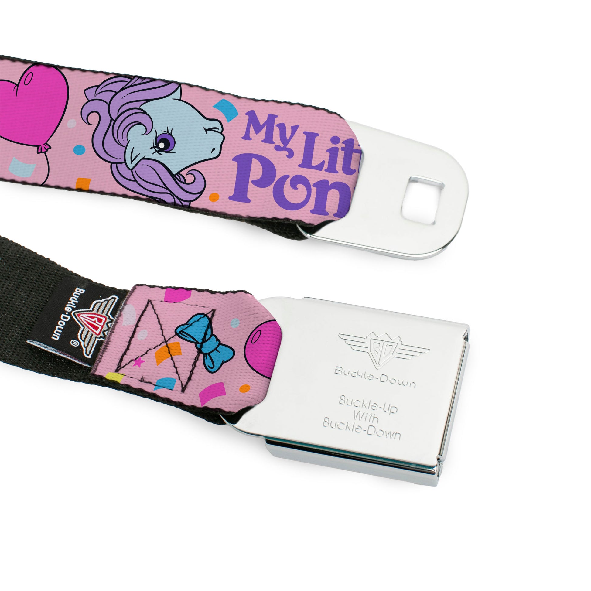 MY LITTLE PONY Title Logo Full Color Black/Purple/White Seatbelt Belt - MY LITTLE PONY Three Pony Confetti Party and Title Logo Pink/Multi Color Webbing Seatbelt Belts My Little Pony