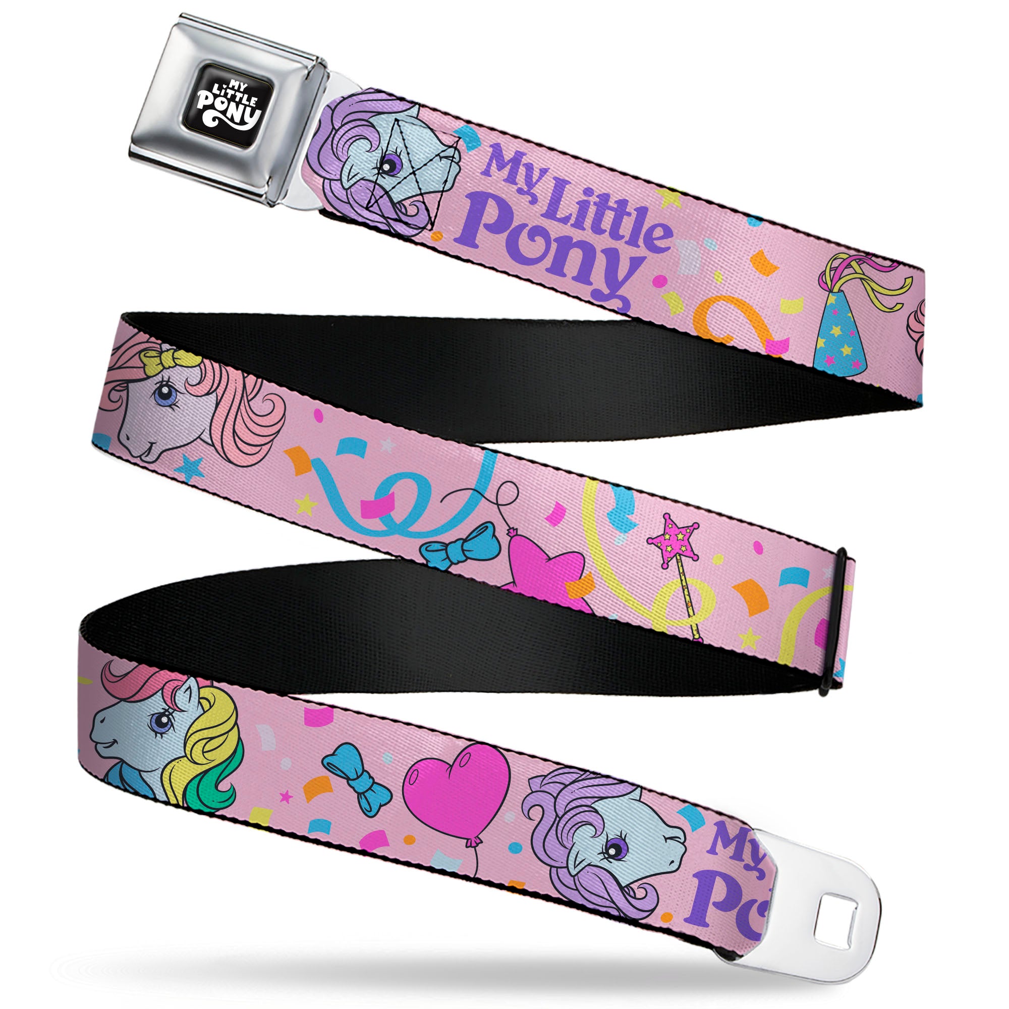 MY LITTLE PONY Title Logo Full Color Black/Purple/White Seatbelt Belt - MY LITTLE PONY Three Pony Confetti Party and Title Logo Pink/Multi Color Webbing Seatbelt Belts My Little Pony