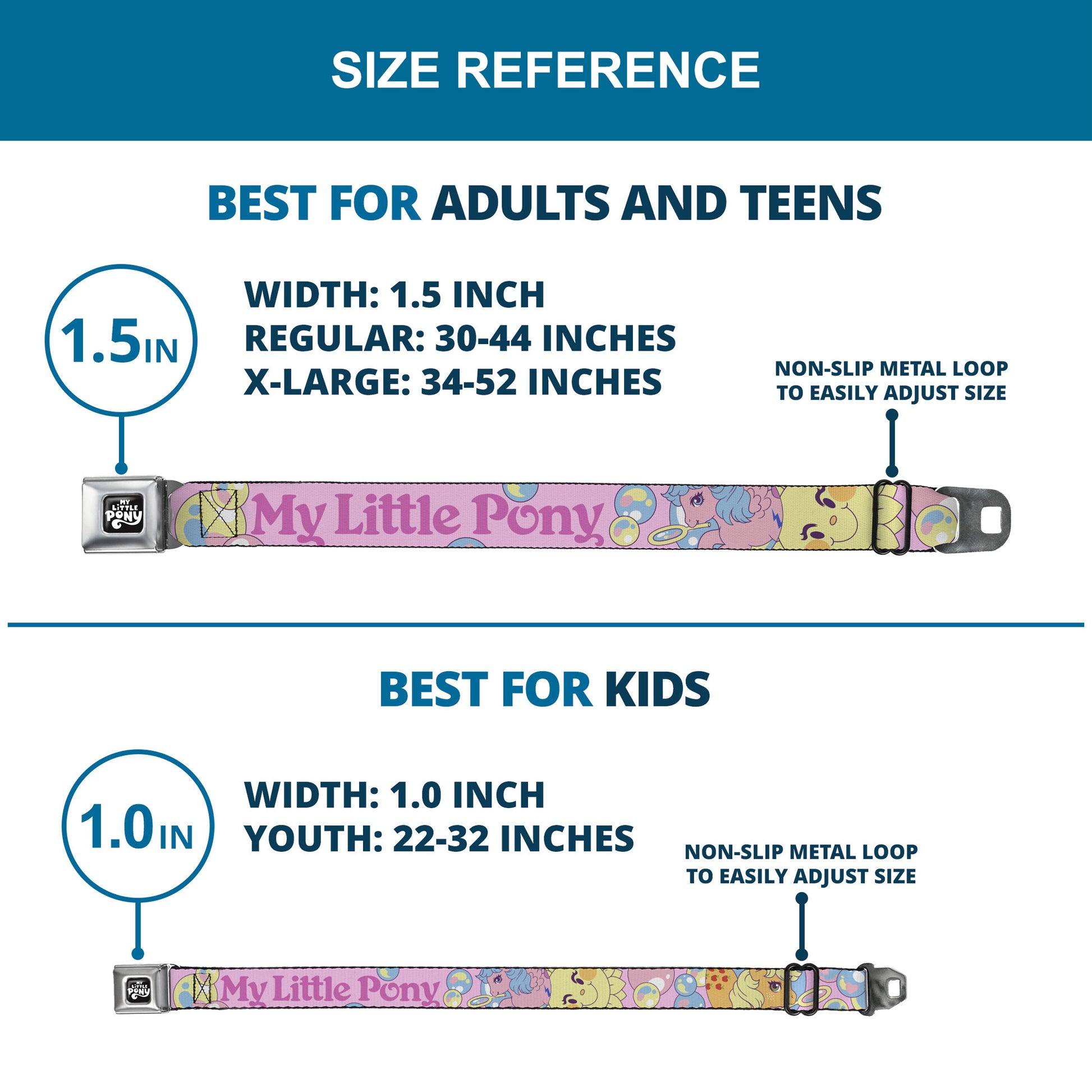 MY LITTLE PONY Title Logo Full Color Black/Purple/White Seatbelt Belt - MY LITTLE PONY Two Pony Sunshine Bubbles and Title Logo Pink/Multi Color Webbing Seatbelt Belts My Little Pony