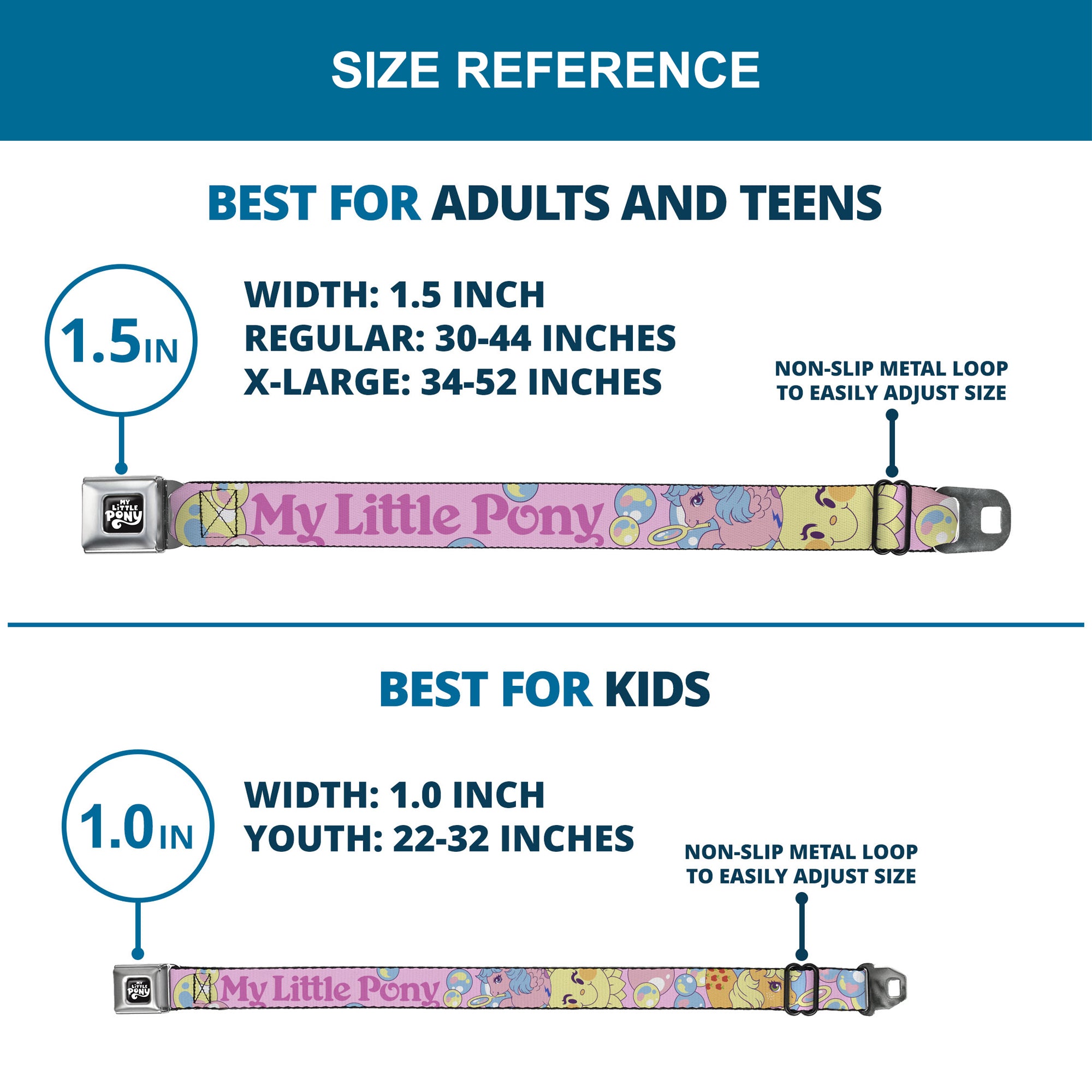 MY LITTLE PONY Title Logo Full Color Black/Purple/White Seatbelt Belt - MY LITTLE PONY Two Pony Sunshine Bubbles and Title Logo Pink/Multi Color Webbing Seatbelt Belts My Little Pony