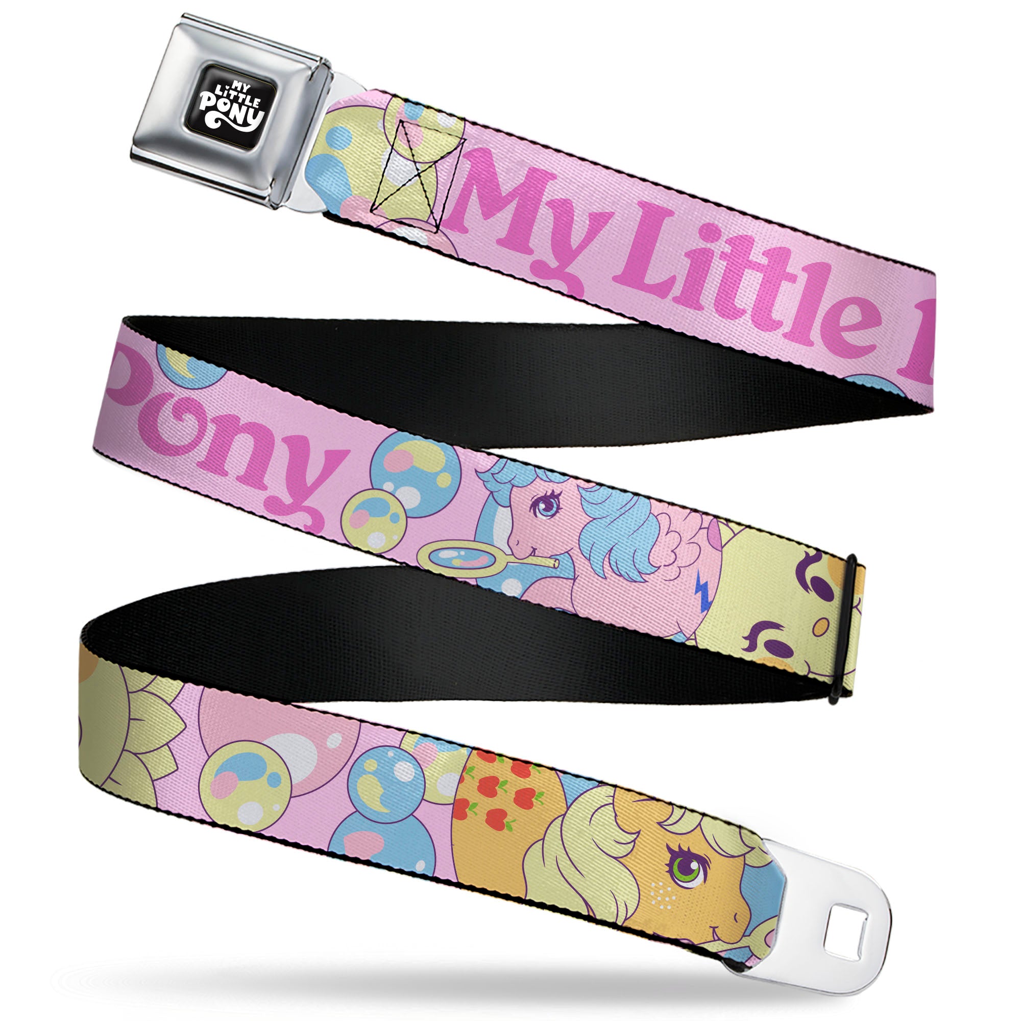 MY LITTLE PONY Title Logo Full Color Black/Purple/White Seatbelt Belt - MY LITTLE PONY Two Pony Sunshine Bubbles and Title Logo Pink/Multi Color Webbing Seatbelt Belts My Little Pony