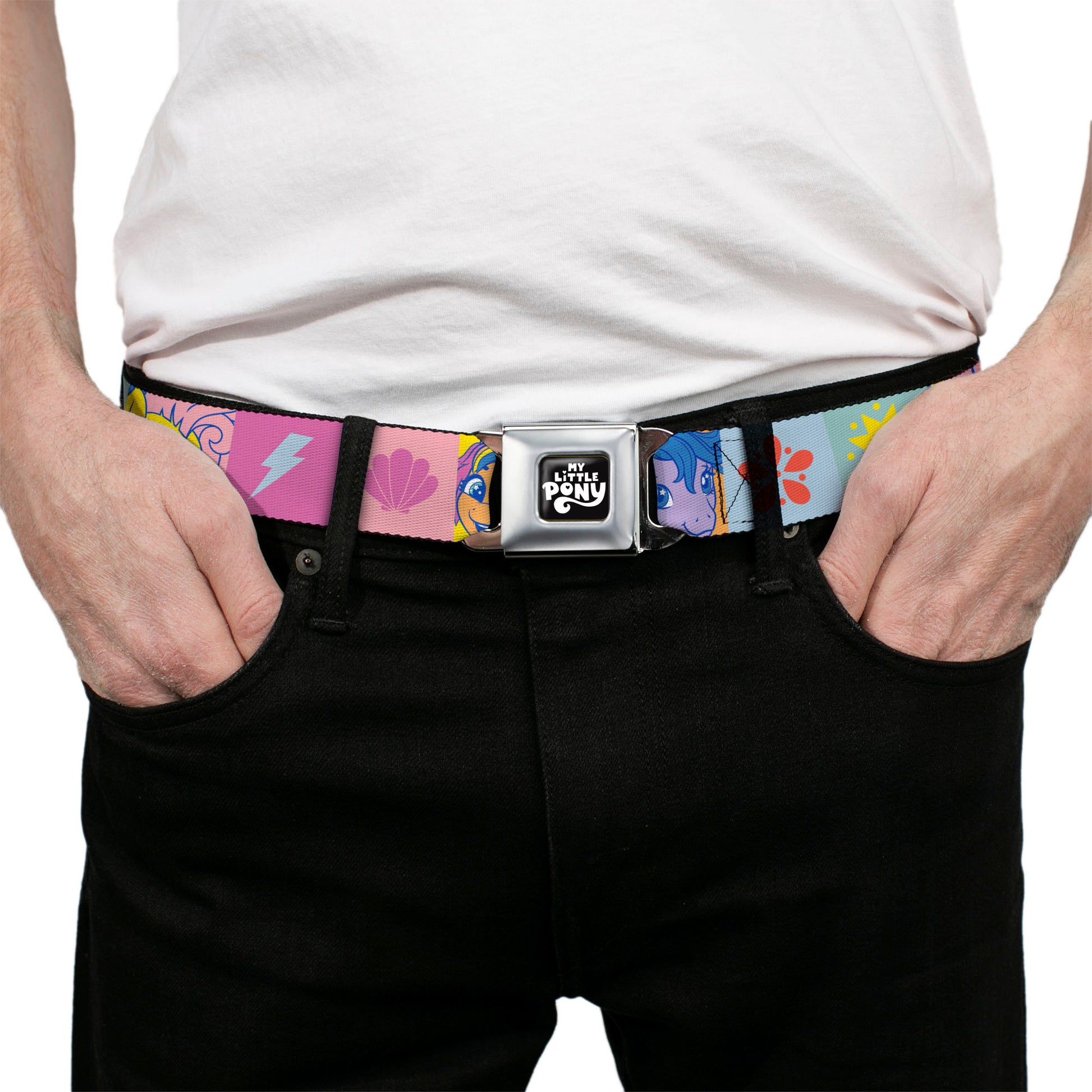 MY LITTLE PONY Title Logo Full Color Black/Purple/White Seatbelt Belt - My Little Pony Faces and Cutie Mark Blocks Multi Color Webbing Seatbelt Belts My Little Pony