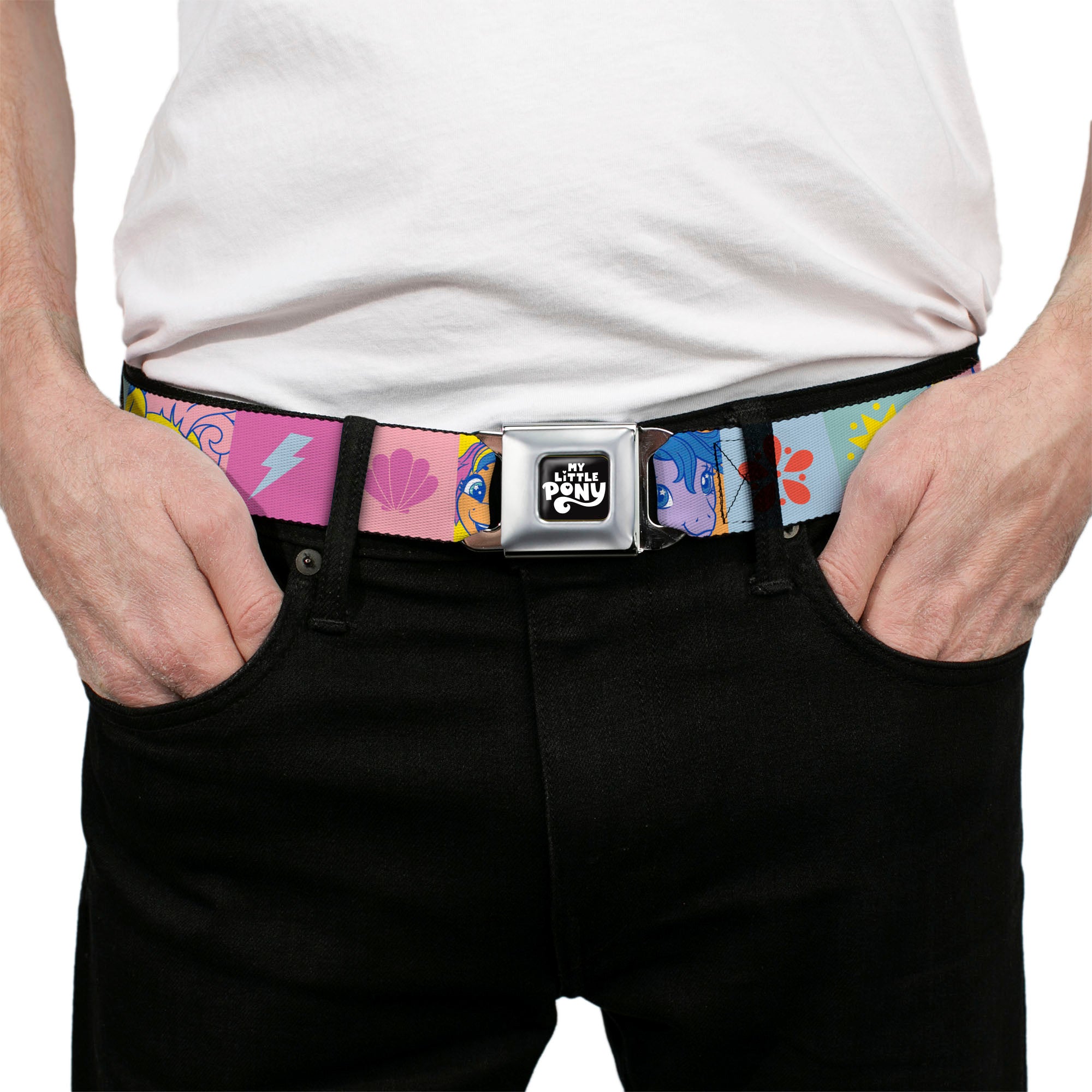 MY LITTLE PONY Title Logo Full Color Black/Purple/White Seatbelt Belt - My Little Pony Faces and Cutie Mark Blocks Multi Color Webbing Seatbelt Belts My Little Pony