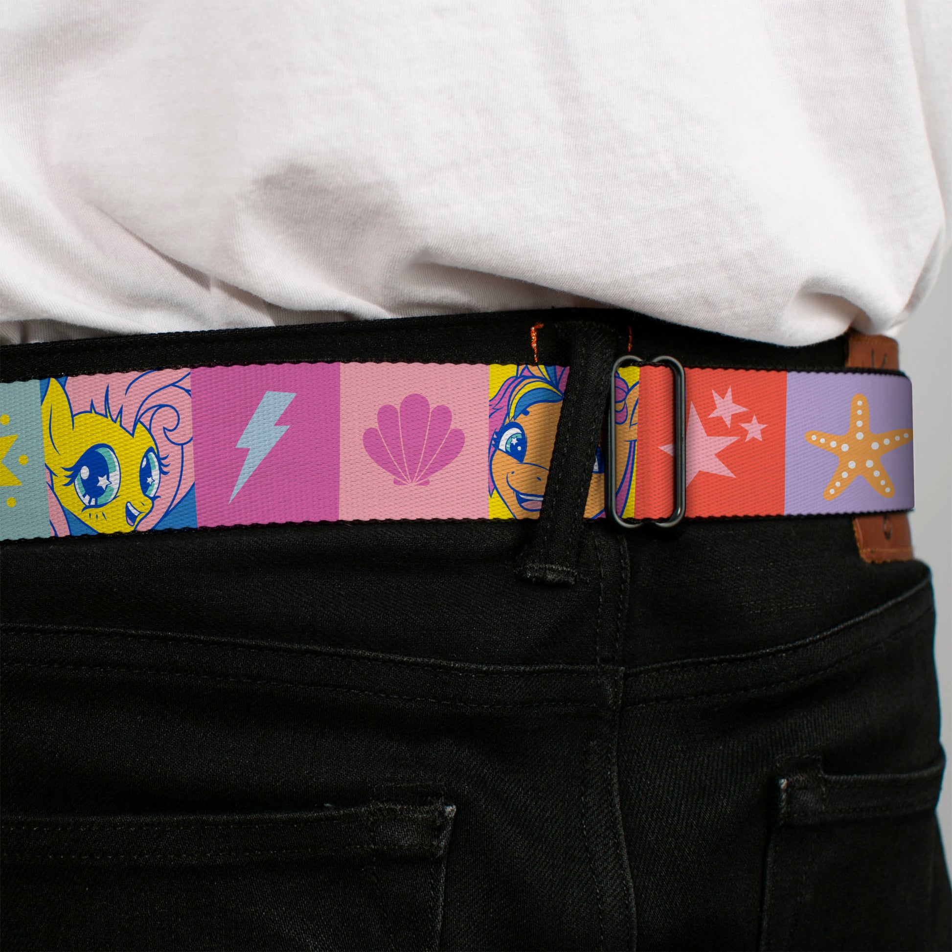 MY LITTLE PONY Title Logo Full Color Black/Purple/White Seatbelt Belt - My Little Pony Faces and Cutie Mark Blocks Multi Color Webbing Seatbelt Belts My Little Pony