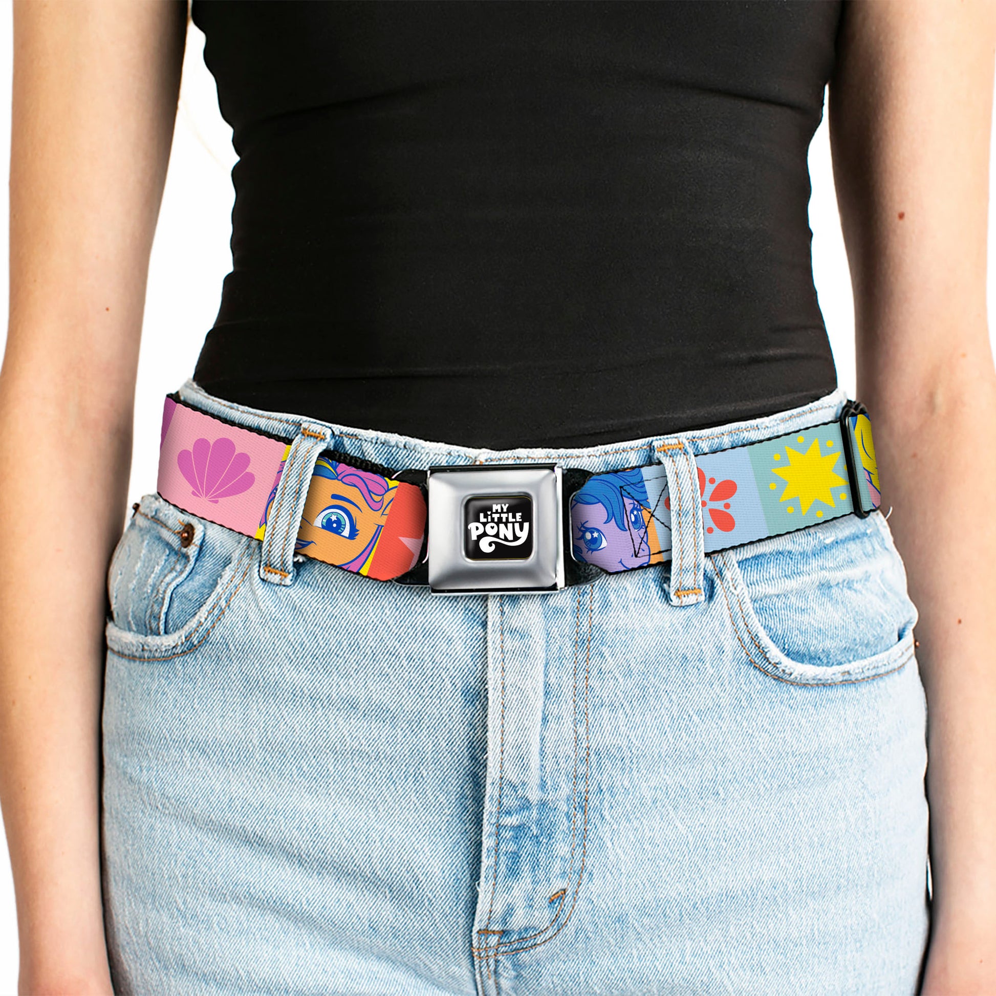 MY LITTLE PONY Title Logo Full Color Black/Purple/White Seatbelt Belt - My Little Pony Faces and Cutie Mark Blocks Multi Color Webbing Seatbelt Belts My Little Pony