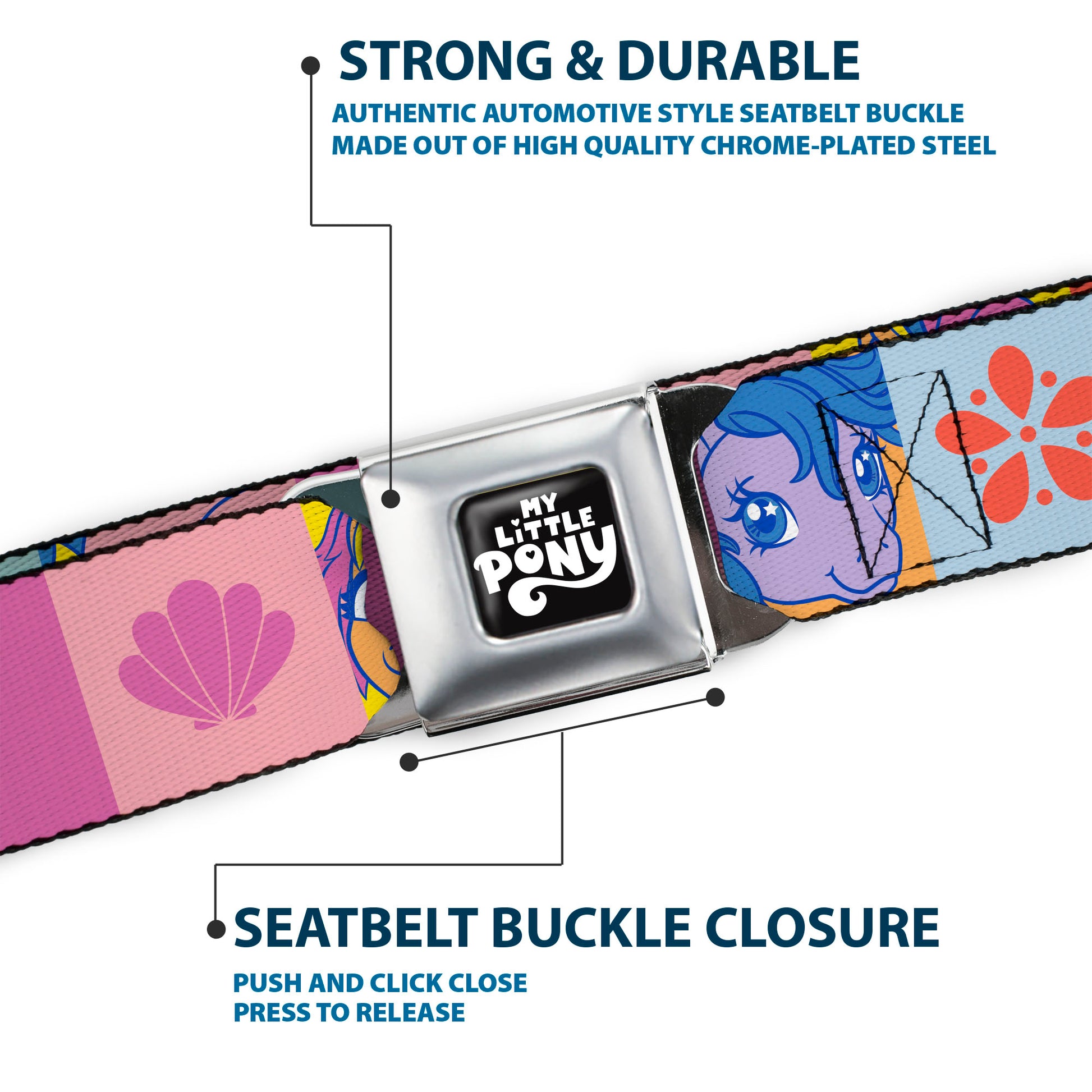 MY LITTLE PONY Title Logo Full Color Black/Purple/White Seatbelt Belt - My Little Pony Faces and Cutie Mark Blocks Multi Color Webbing Seatbelt Belts My Little Pony