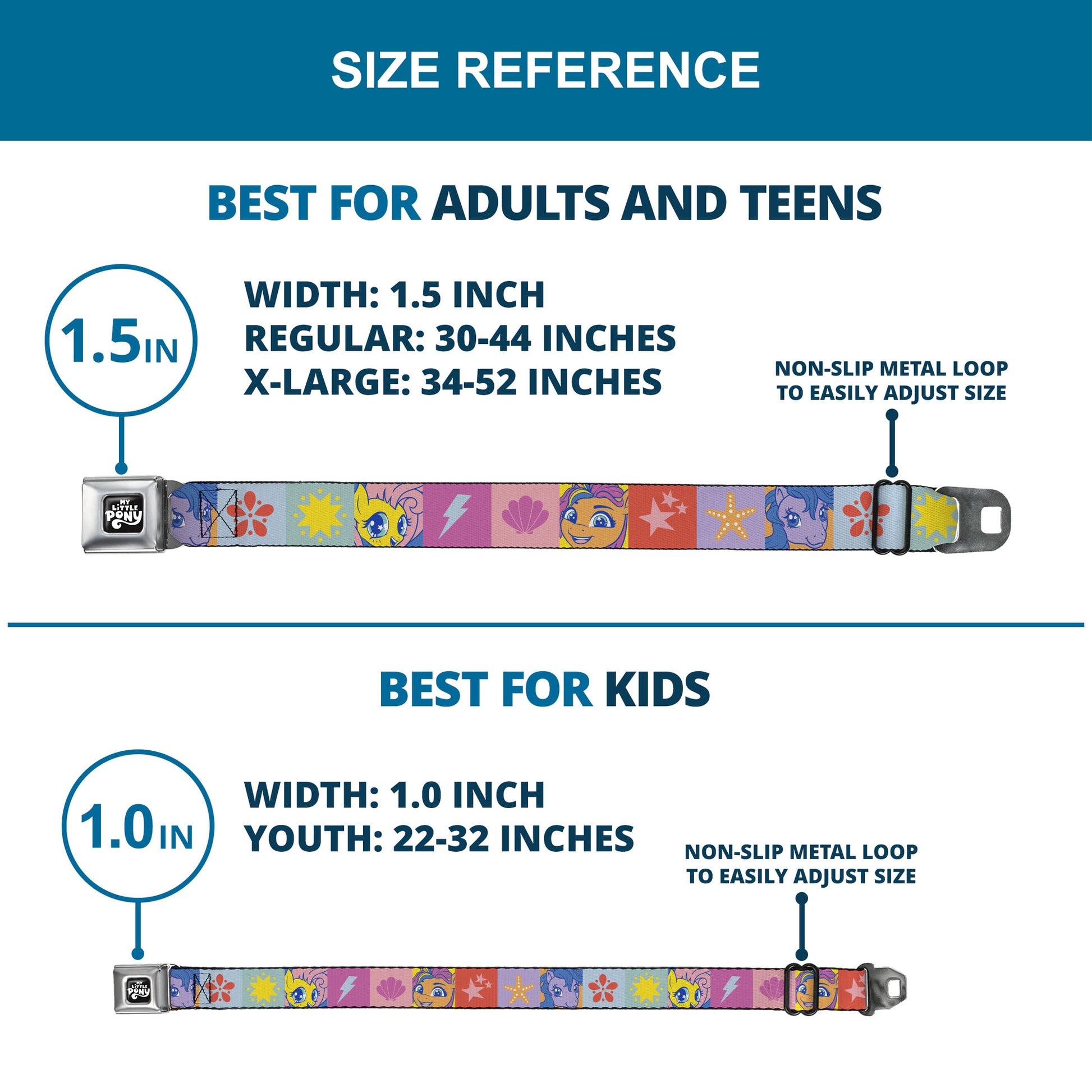 MY LITTLE PONY Title Logo Full Color Black/Purple/White Seatbelt Belt - My Little Pony Faces and Cutie Mark Blocks Multi Color Webbing Seatbelt Belts My Little Pony