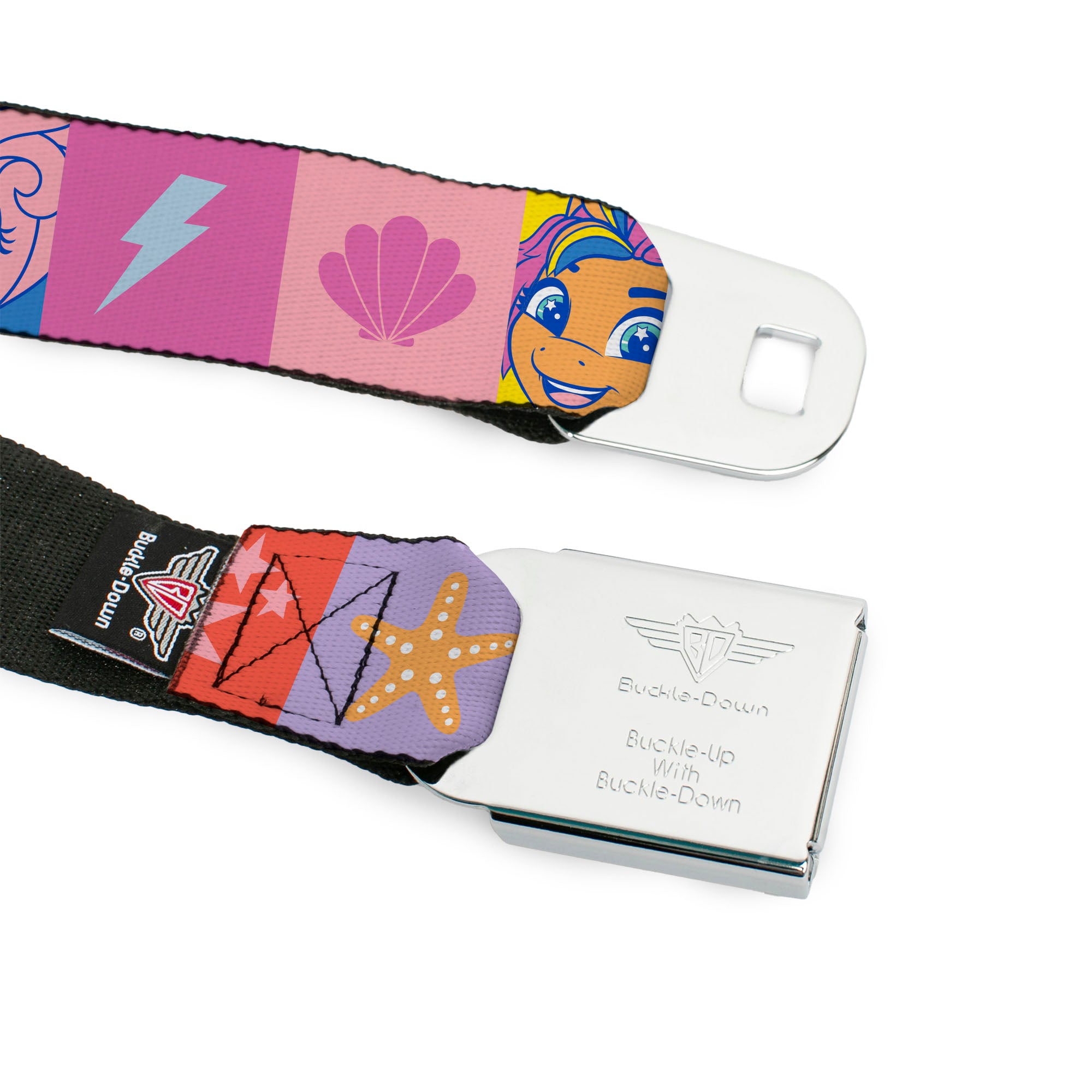 MY LITTLE PONY Title Logo Full Color Black/Purple/White Seatbelt Belt - My Little Pony Faces and Cutie Mark Blocks Multi Color Webbing Seatbelt Belts My Little Pony