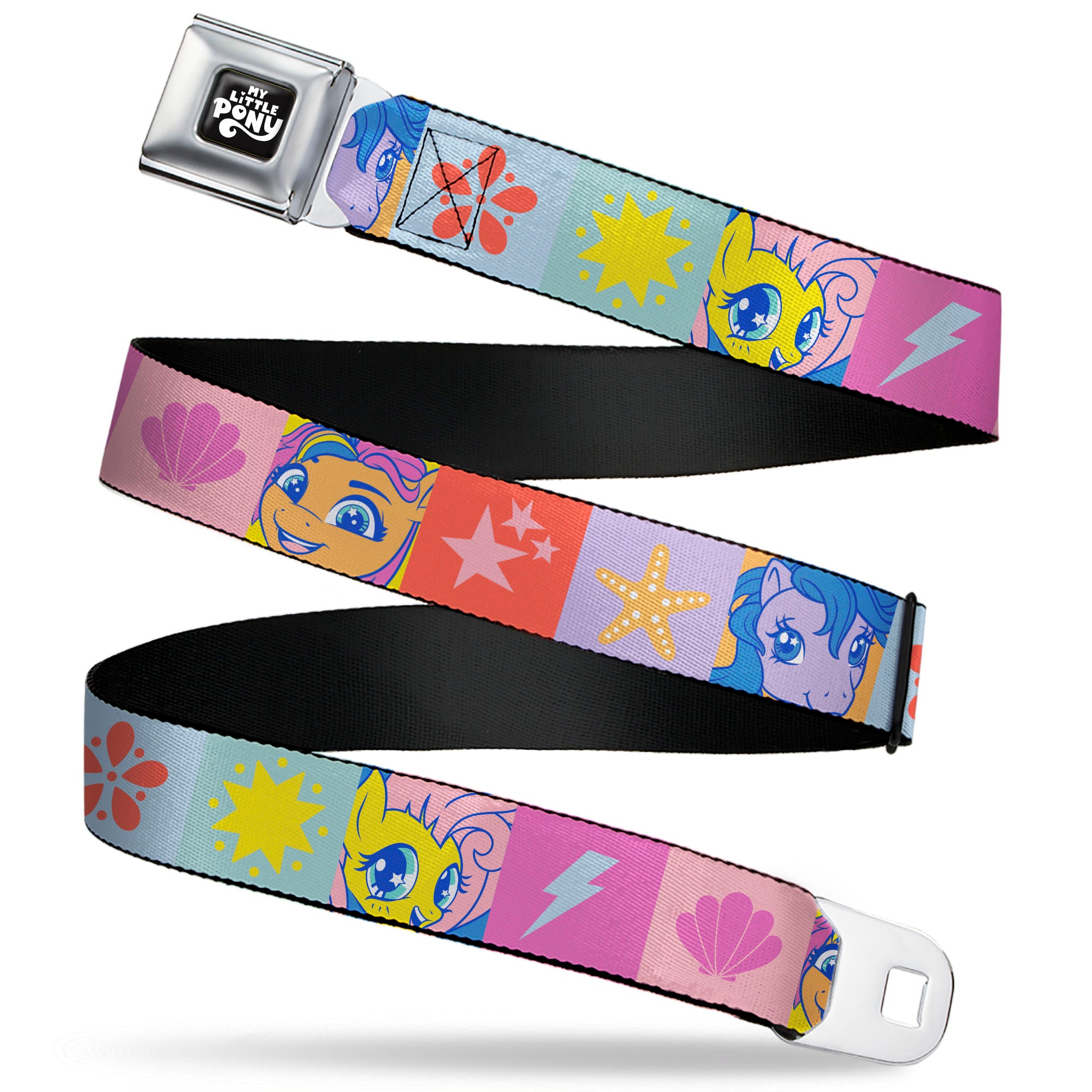 MY LITTLE PONY Title Logo Full Color Black/Purple/White Seatbelt Belt - My Little Pony Faces and Cutie Mark Blocks Multi Color Webbing Seatbelt Belts My Little Pony