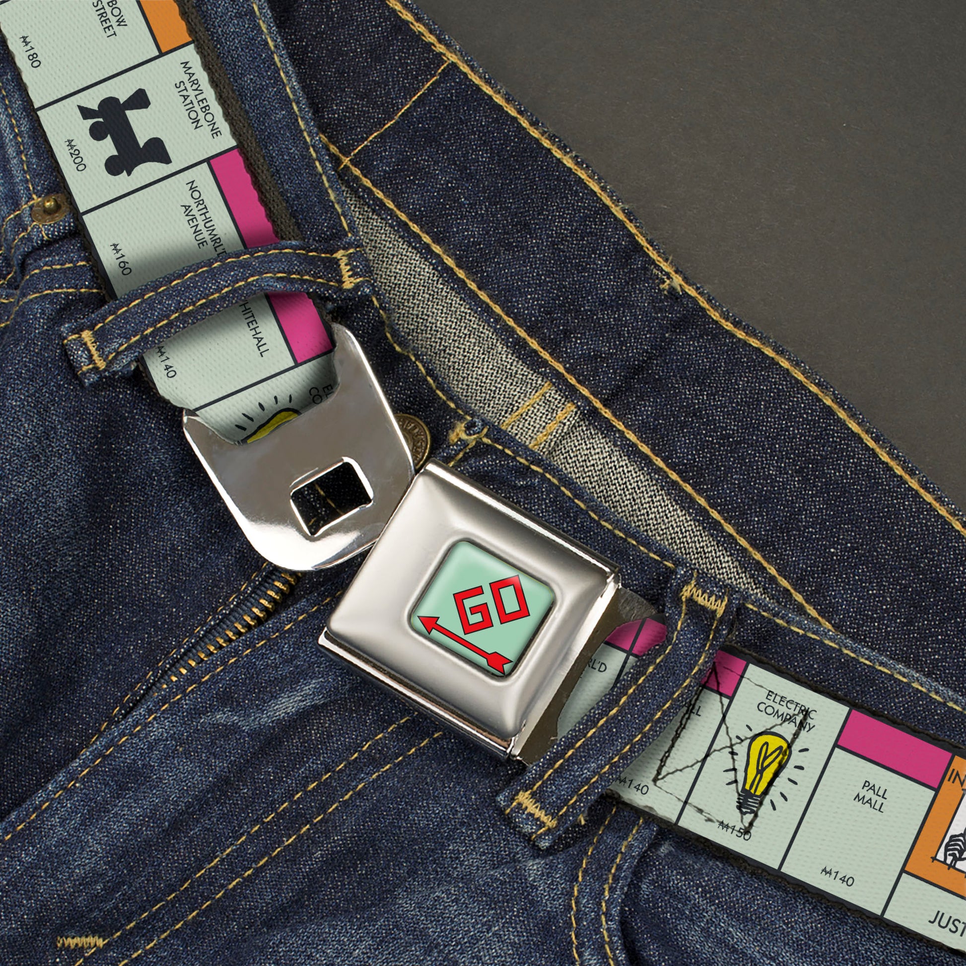 Monopoly GO Space Full Color Seatbelt Belt - Monopoly British UK Game Board Space Blocks Webbing Seatbelt Belts Hasbro