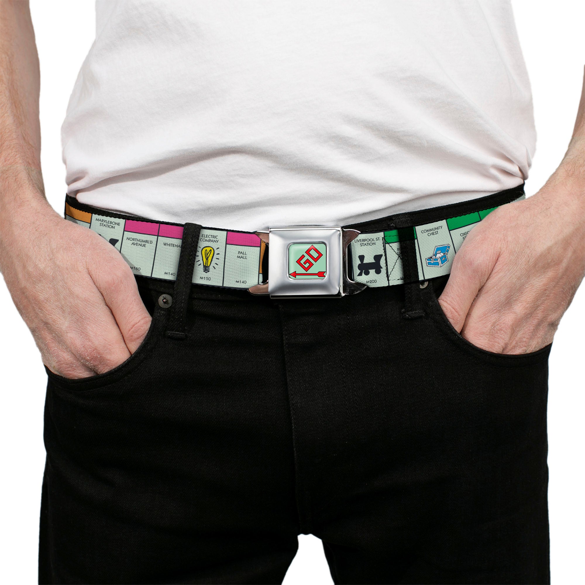 Monopoly GO Space Full Color Seatbelt Belt - Monopoly British UK Game Board Space Blocks Webbing Seatbelt Belts Hasbro