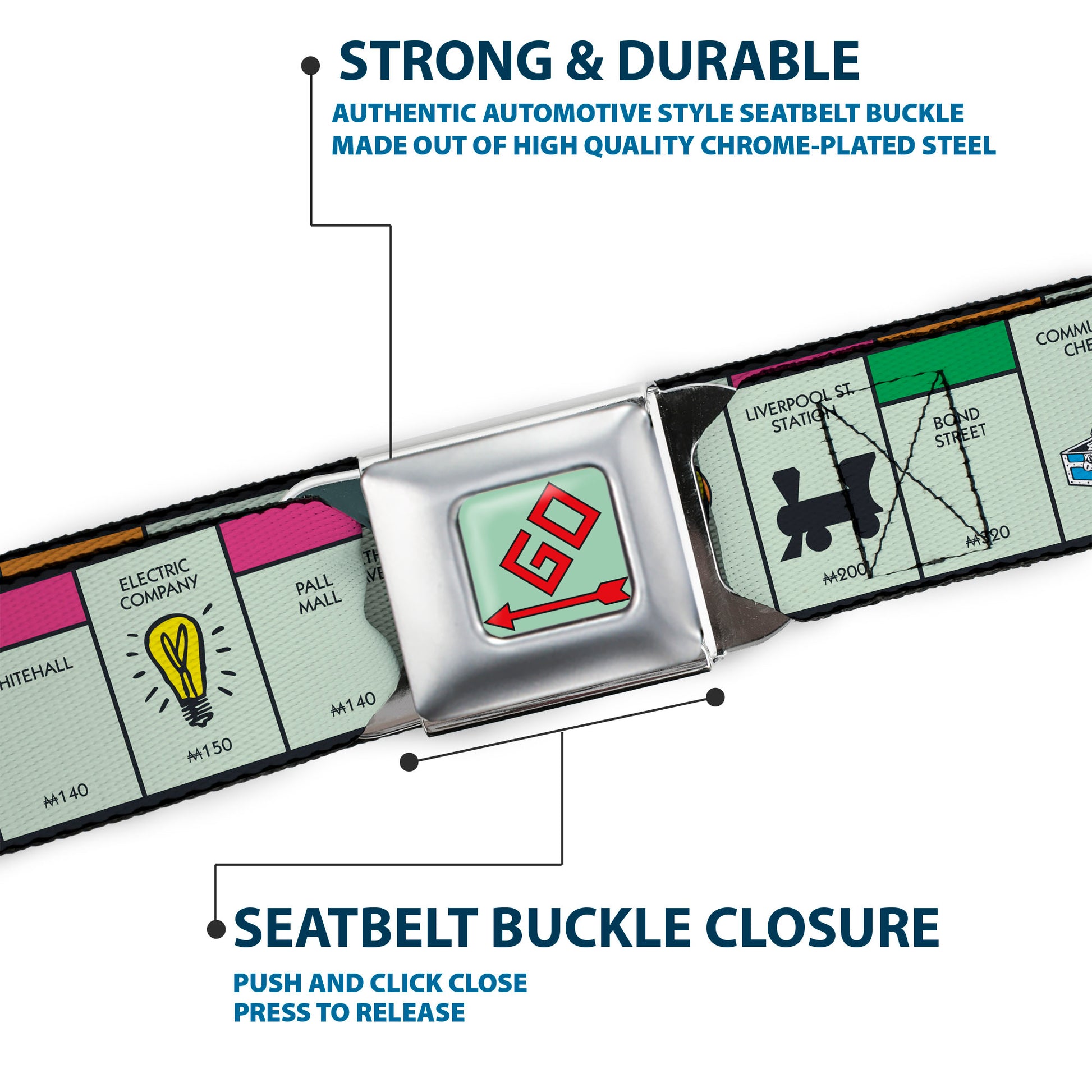 Monopoly GO Space Full Color Seatbelt Belt - Monopoly British UK Game Board Space Blocks Webbing Seatbelt Belts Hasbro
