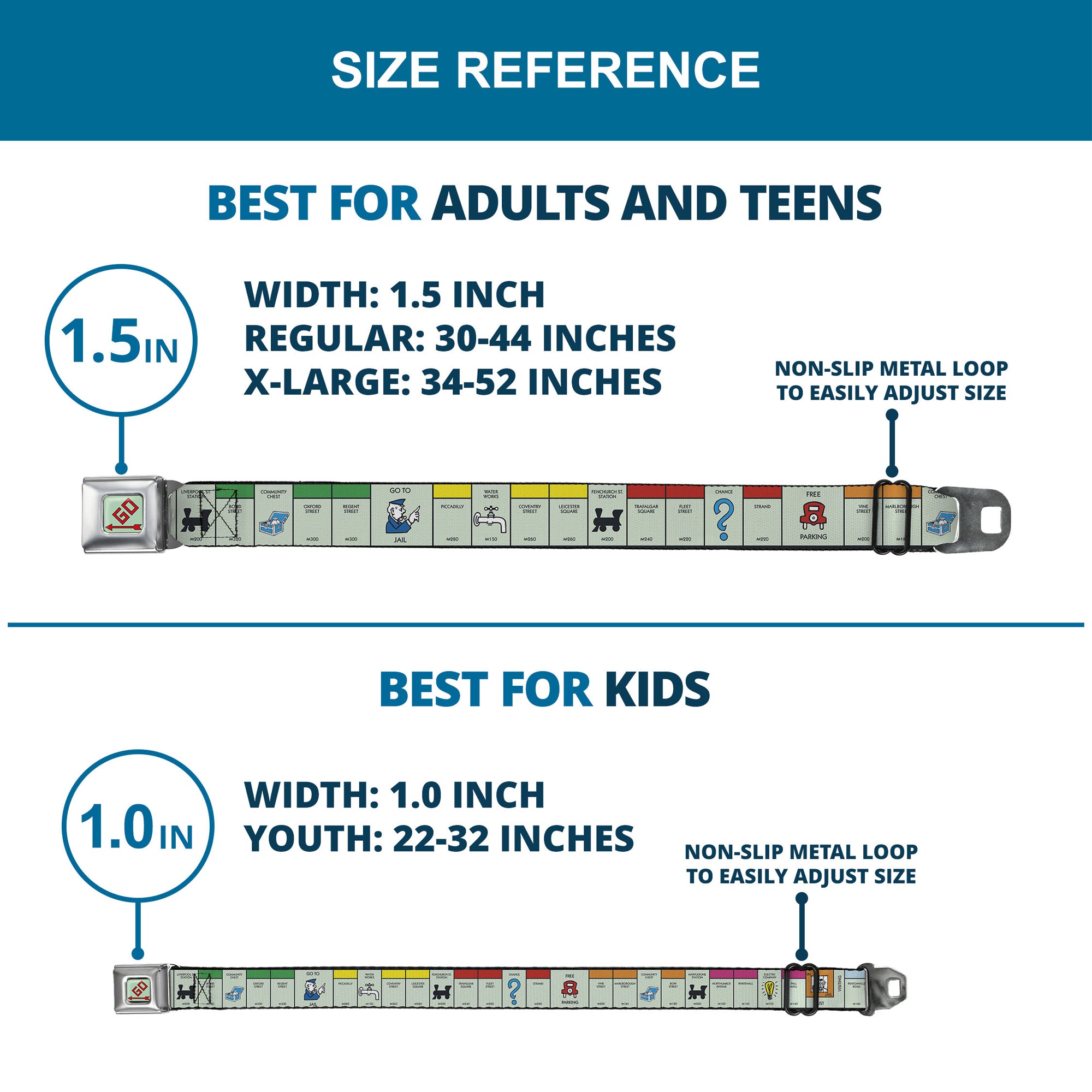 Monopoly GO Space Full Color Seatbelt Belt - Monopoly British UK Game Board Space Blocks Webbing Seatbelt Belts Hasbro