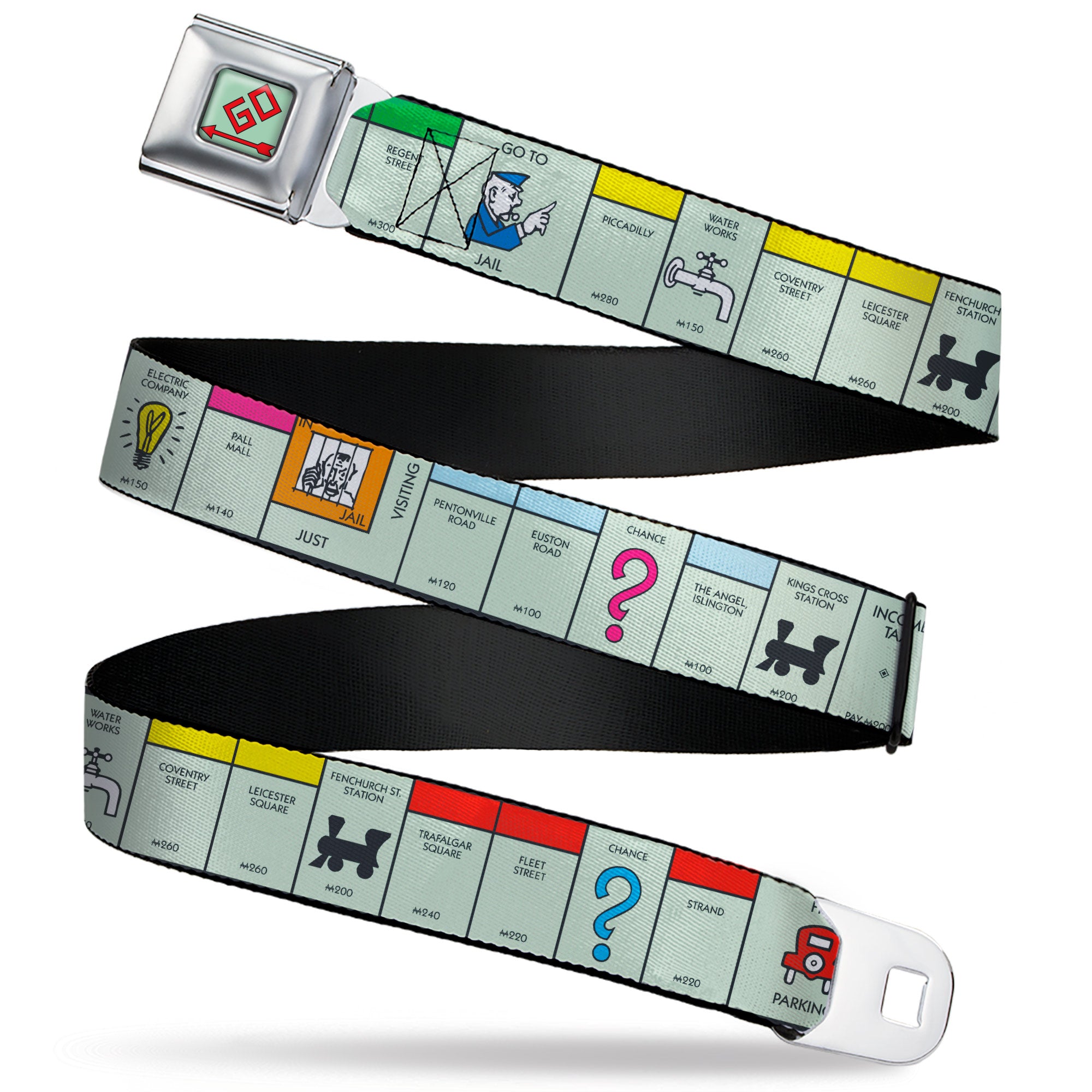 Monopoly GO Space Full Color Seatbelt Belt - Monopoly British UK Game Board Space Blocks Webbing Seatbelt Belts Hasbro