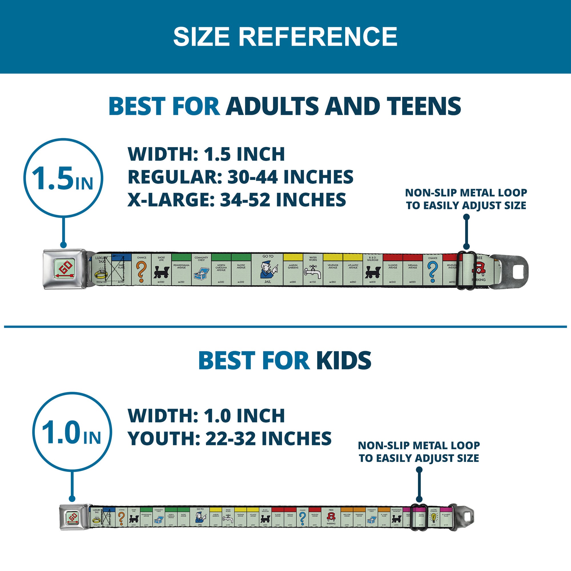 Monopoly GO Space Full Color Seatbelt Belt - Monopoly Game Board Space Blocks Webbing Seatbelt Belts Hasbro