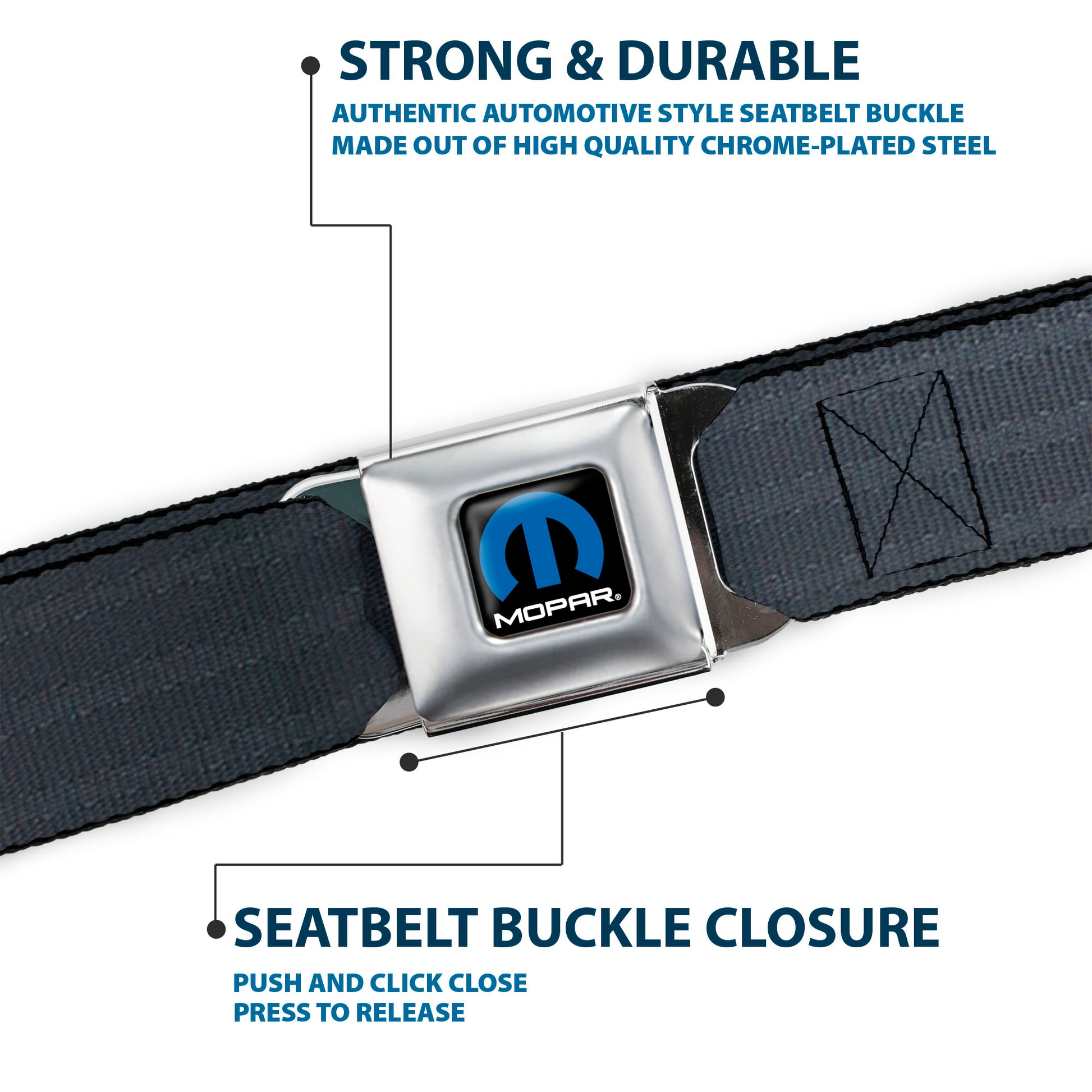 MOPAR Logo Full Color Black/Blue/White Seatbelt Belt - Black Panel Webbing Seatbelt Belts Mopar