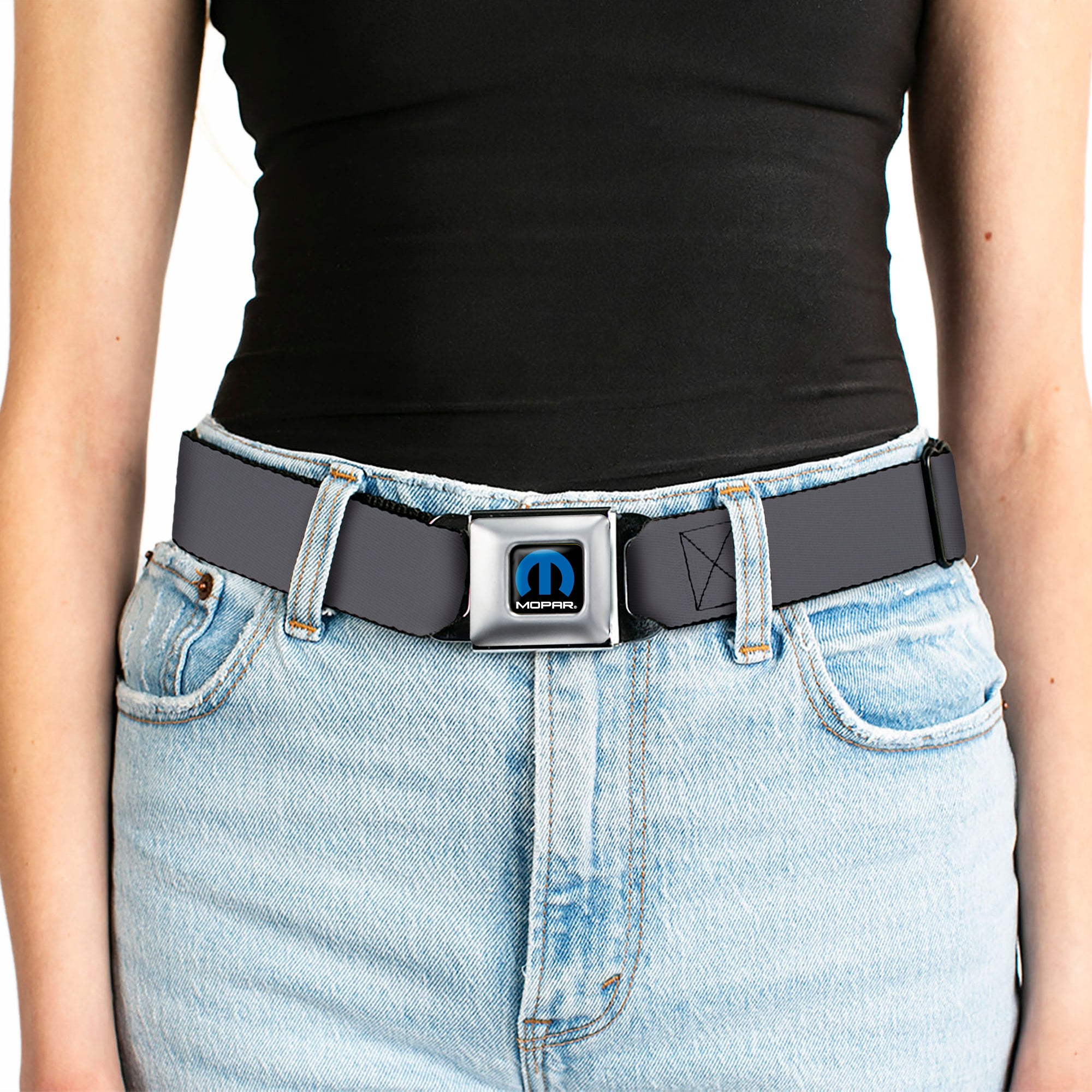 MOPAR Logo Full Color Black Blue White Seatbelt Belt - Charcoal Webbing Seatbelt Belts Mopar