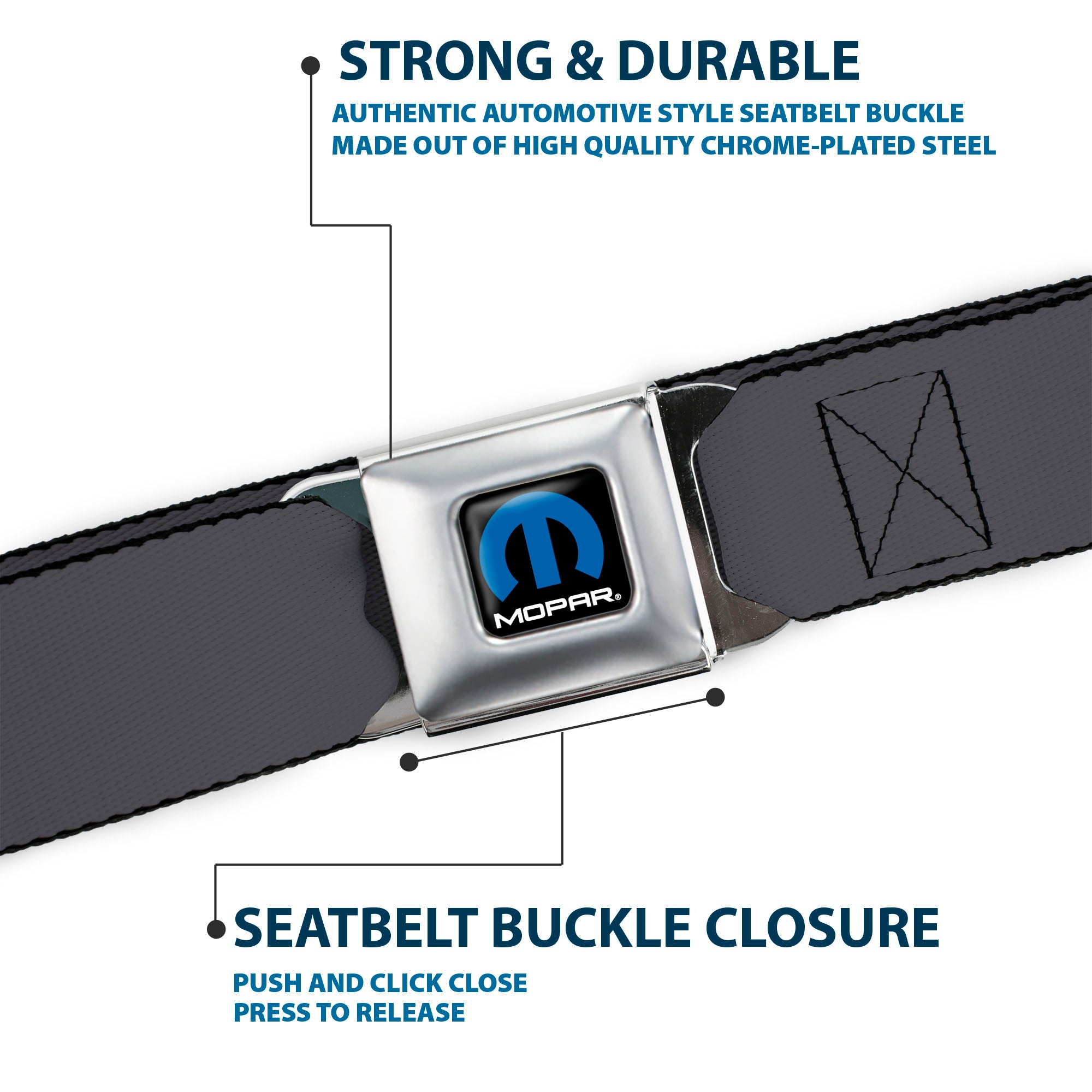 MOPAR Logo Full Color Black Blue White Seatbelt Belt - Charcoal Webbing Seatbelt Belts Mopar