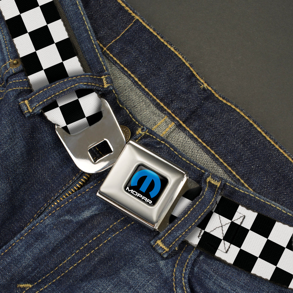 MOPAR Logo Full Color Black/Blue/White Seatbelt Belt - Checker Black/White Webbing Seatbelt Belts Mopar