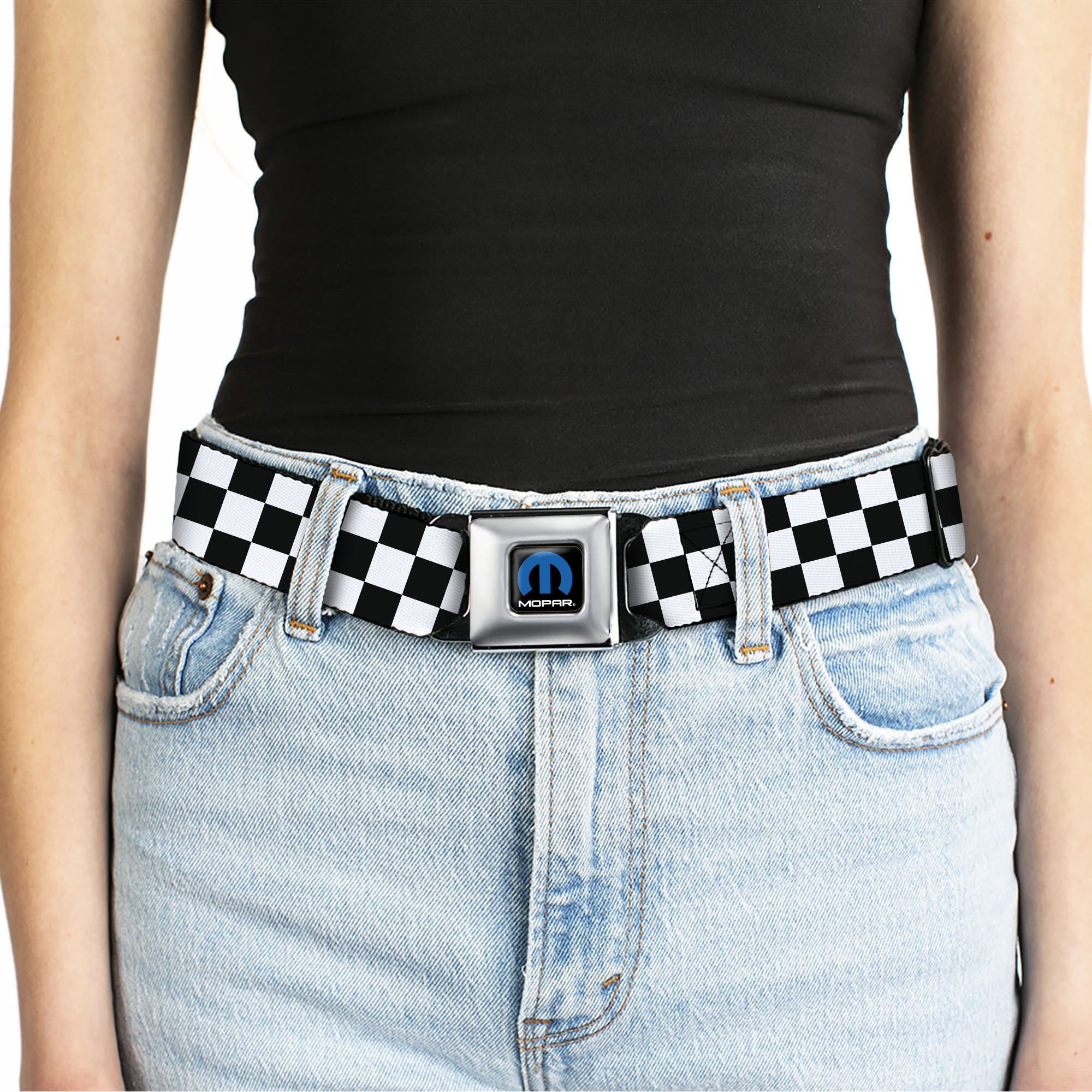 MOPAR Logo Full Color Black/Blue/White Seatbelt Belt - Checker Black/White Webbing Seatbelt Belts Mopar