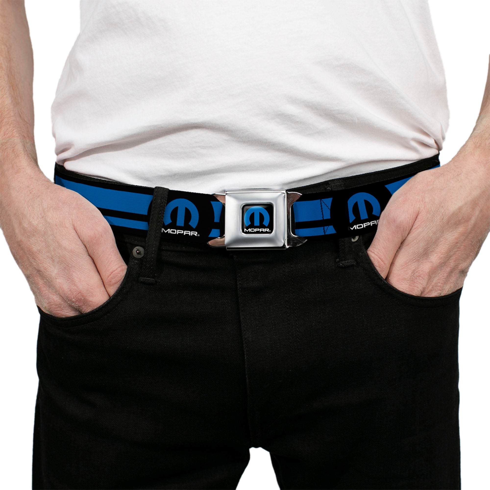 MOPAR Logo Full Color Black Blue White Seatbelt Belt - MOPAR Logo/Stripe Black/Blue Webbing Seatbelt Belts Mopar
